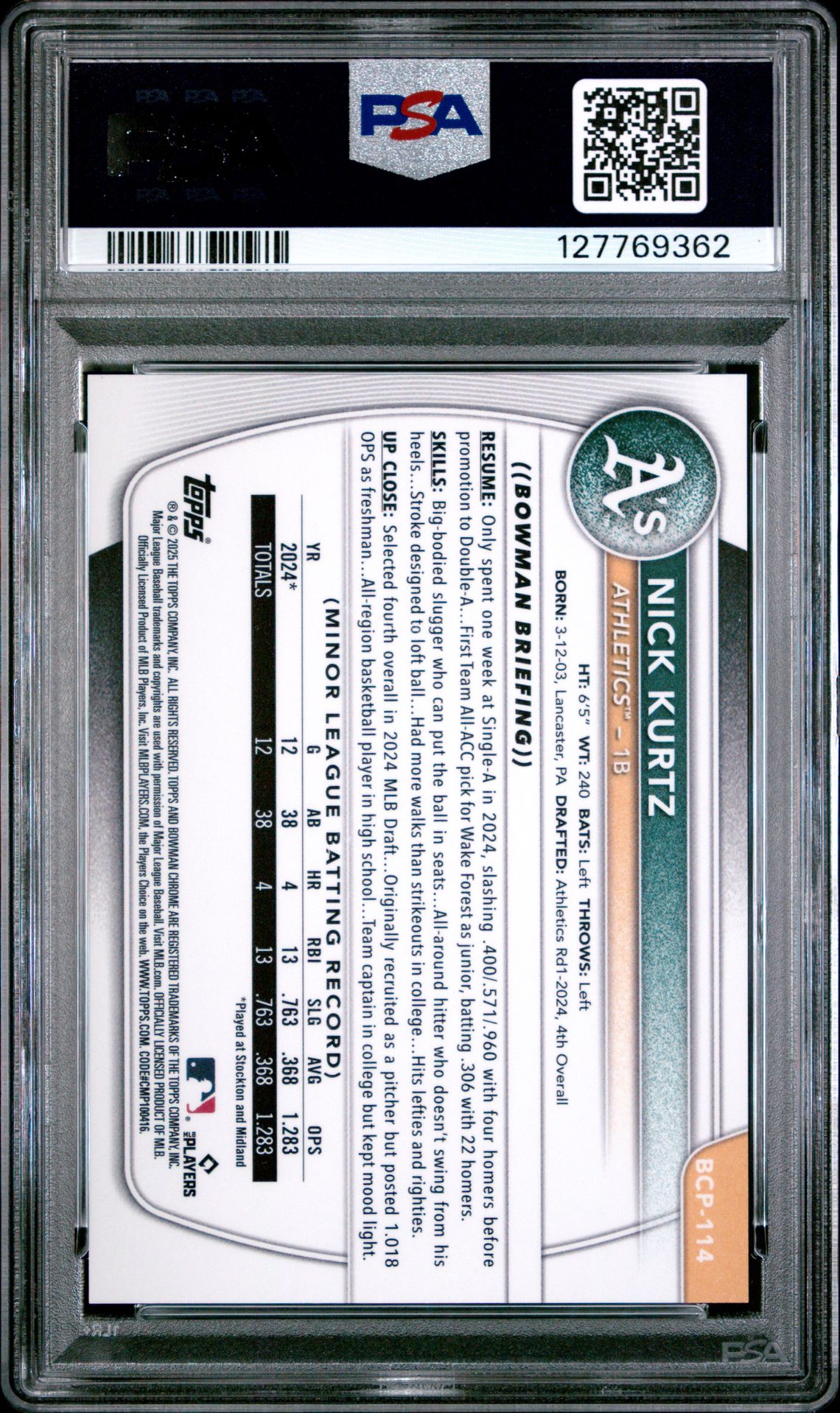 2025 Bowman Chrome Prospects Nick Kurtz #Bcp114 (Chrome Pros-Wave Ref) Gem Mt 10 back