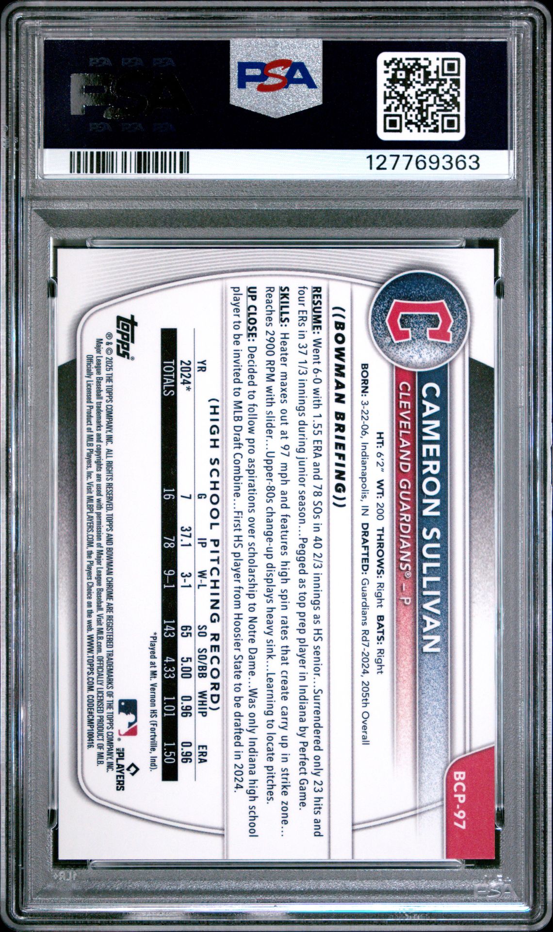 2025 Bowman Chrome Prospects Cameron Sullivan #Bcp97 (Chr Pros-Fuchsia Reptilian) Nm-Mt 8 back
