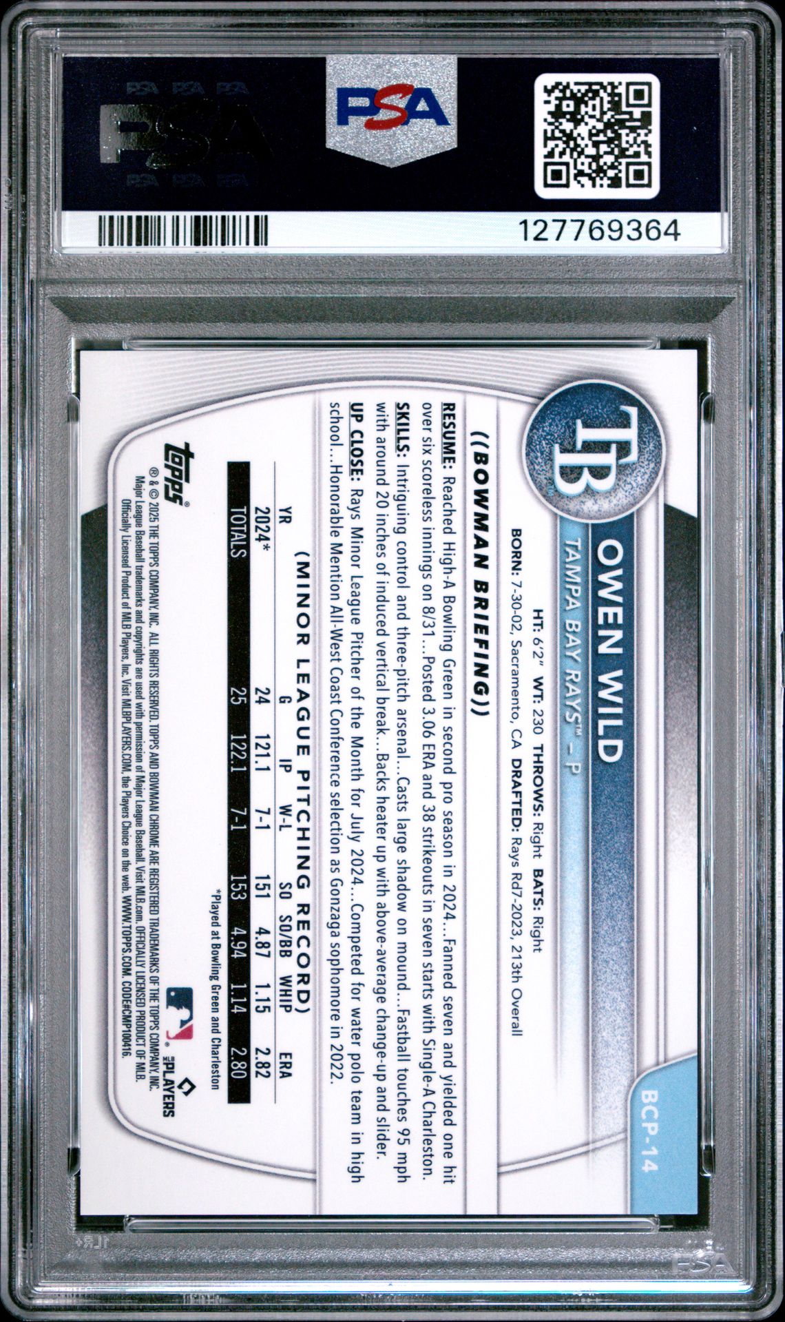 2025 Bowman Chrome Prospects Owen Wild #Bcp14 (Chr Pros-Orange Geometric) Gem Mt 10 back