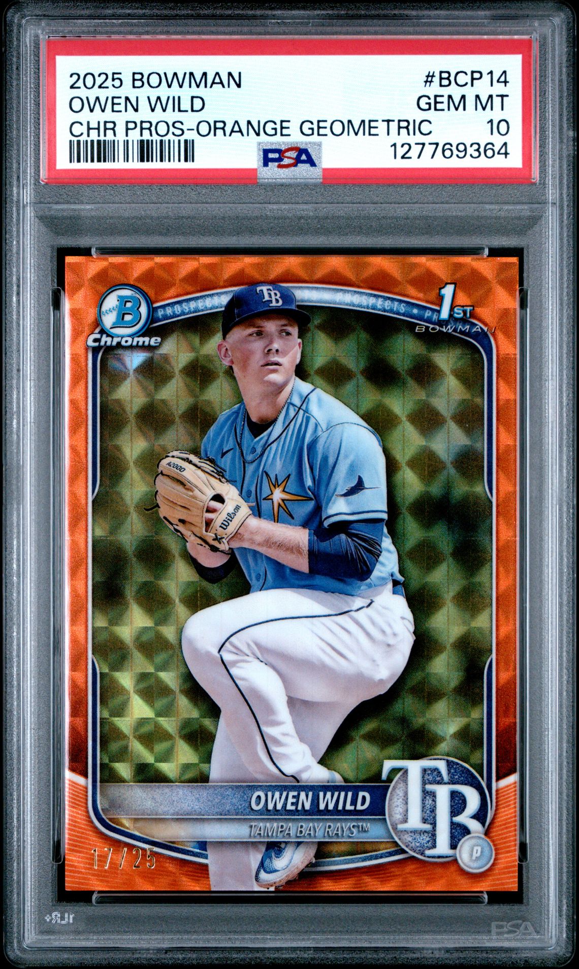2025 Bowman Chrome Prospects Owen Wild #Bcp14 (Chr Pros-Orange Geometric) Gem Mt 10 front