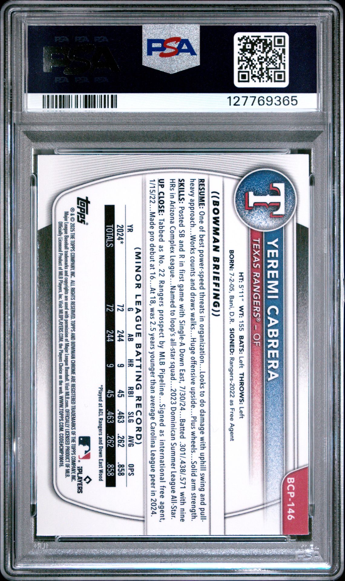 2025 Bowman Chrome Prospects Yeremi Cabrera #Bcp146 (Chr Pros-Aqua X-Fractor) Mint 9 back