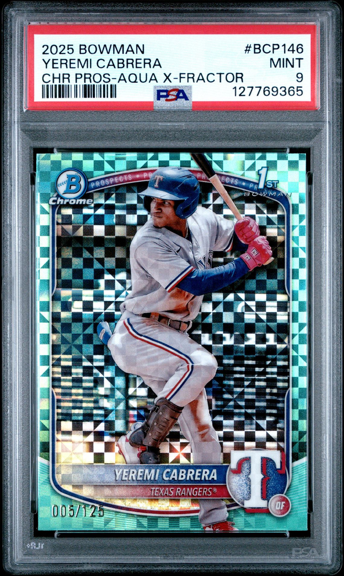 2025 Bowman Chrome Prospects Yeremi Cabrera #Bcp146 (Chr Pros-Aqua X-Fractor) Mint 9 front