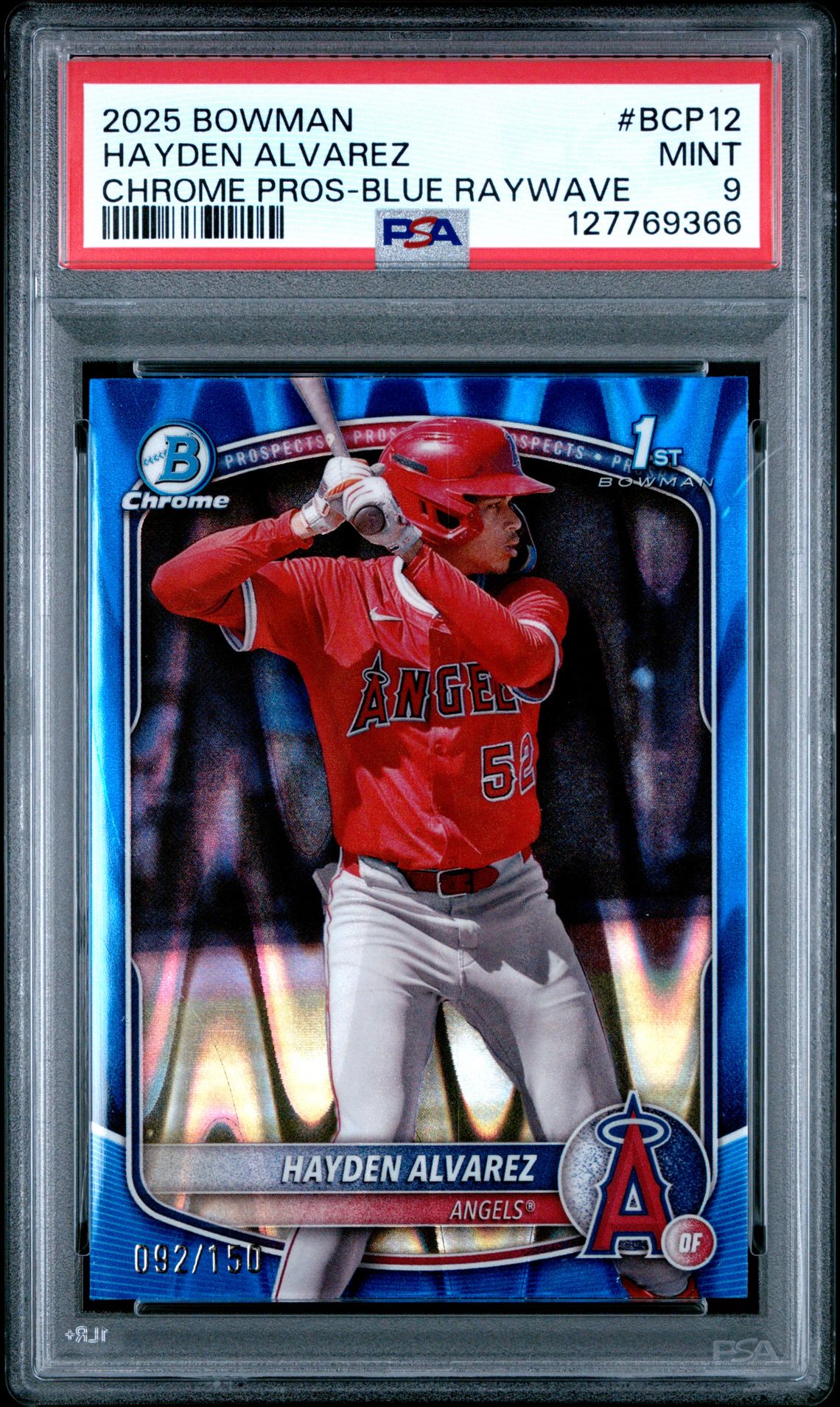 2025 Bowman Chrome Prospects Hayden Alvarez #Bcp12 (Chrome Pros-Blue Raywave) Mint 9 front