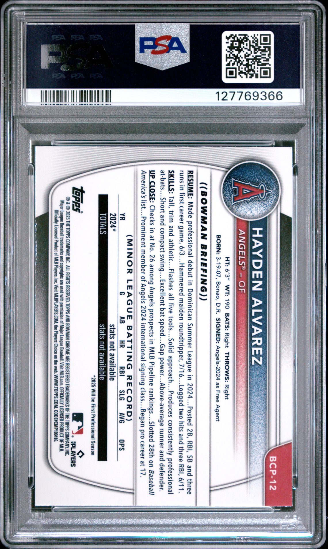 2025 Bowman Chrome Prospects Hayden Alvarez #Bcp12 (Chrome Pros-Blue Raywave) Mint 9 back