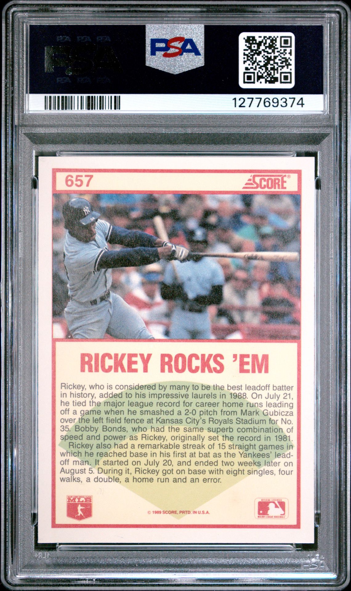 1989 Score Rickey Henderson #657 Mint 9 back