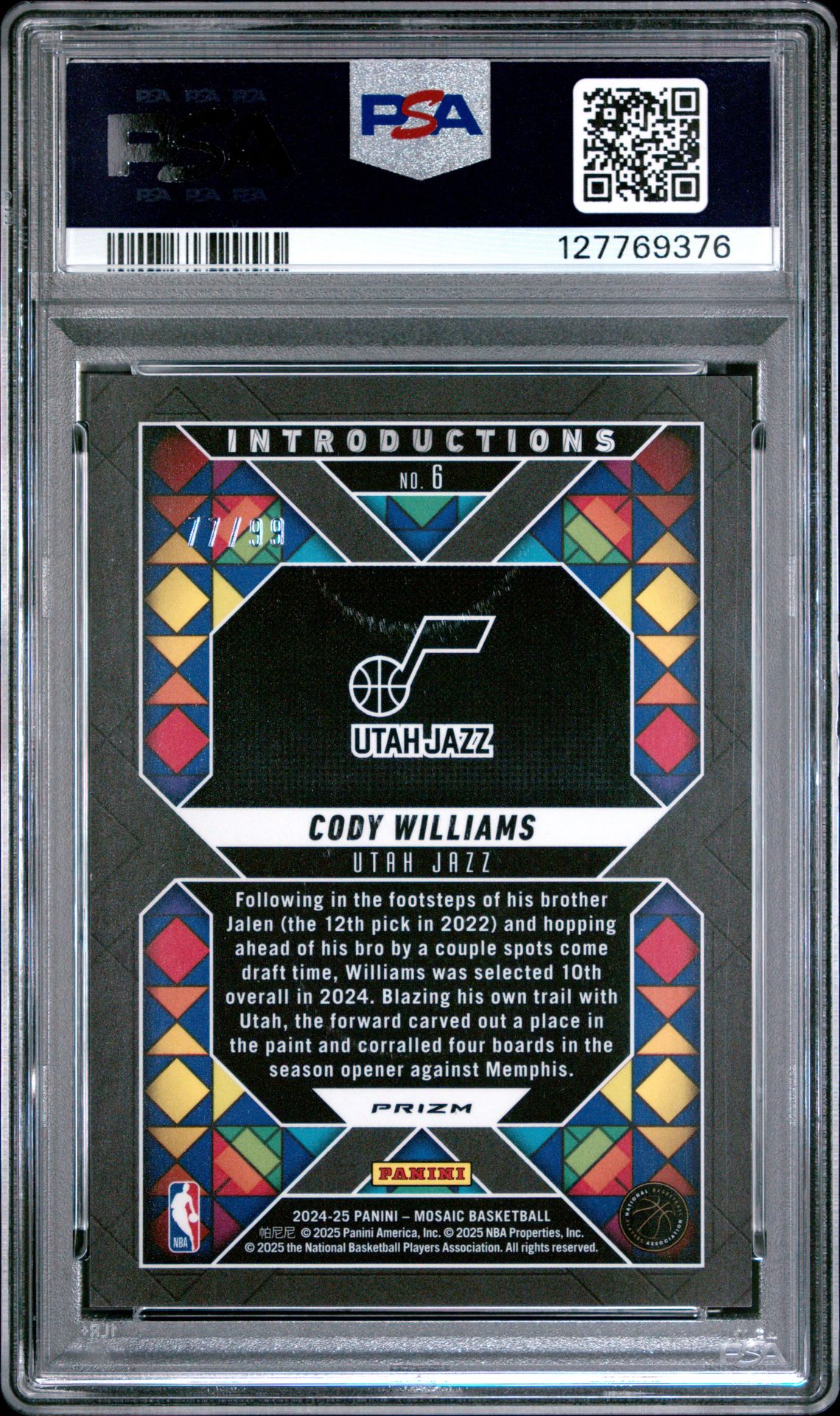 2024 Panini Mosaic Introductions Cody Williams #6 (Introductions-Purple) Gem Mt 10 back