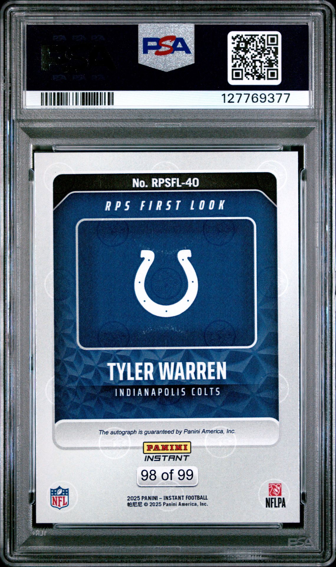 2025 Panini Instant Nfl Rps First Look Tyler Warren #Rpsfl40 (Rps First Look-Autograph) Mint 9 back