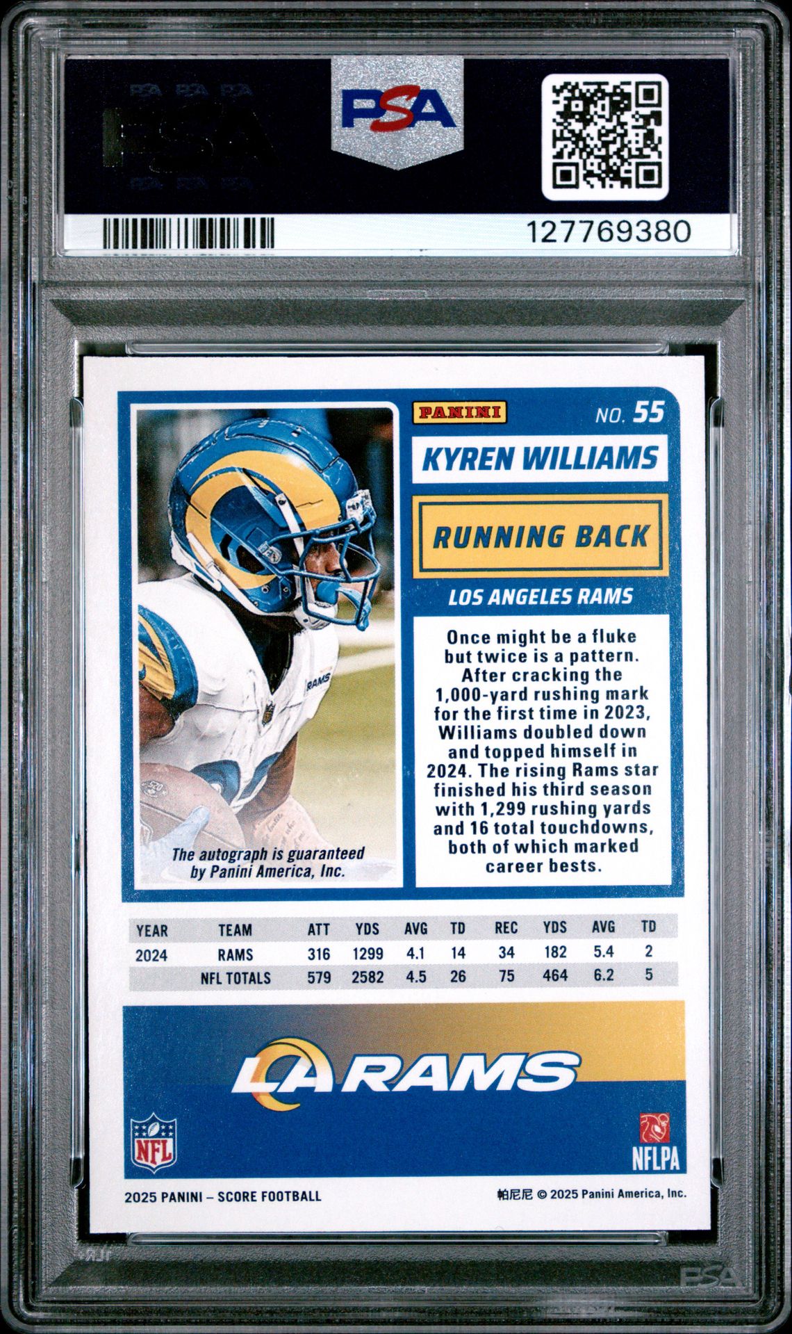 2025 Panini Score Kyren Williams #55 (Signature) Mint 9 back