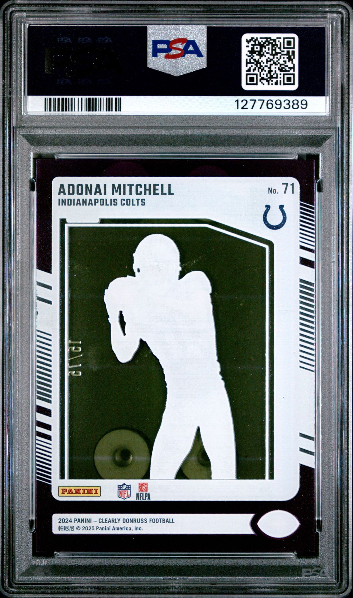 2024 Panini Clearly Donruss Adonai Mitchell #71 (Purple) Gem Mt 10 back view - PSA certificate #127769389
