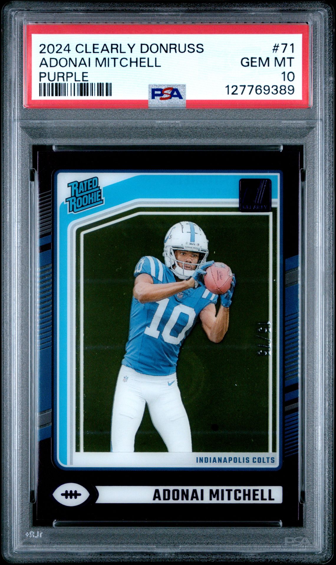 2024 Panini Clearly Donruss Adonai Mitchell #71 (Purple) Gem Mt 10 front view - PSA graded GEM MT 10