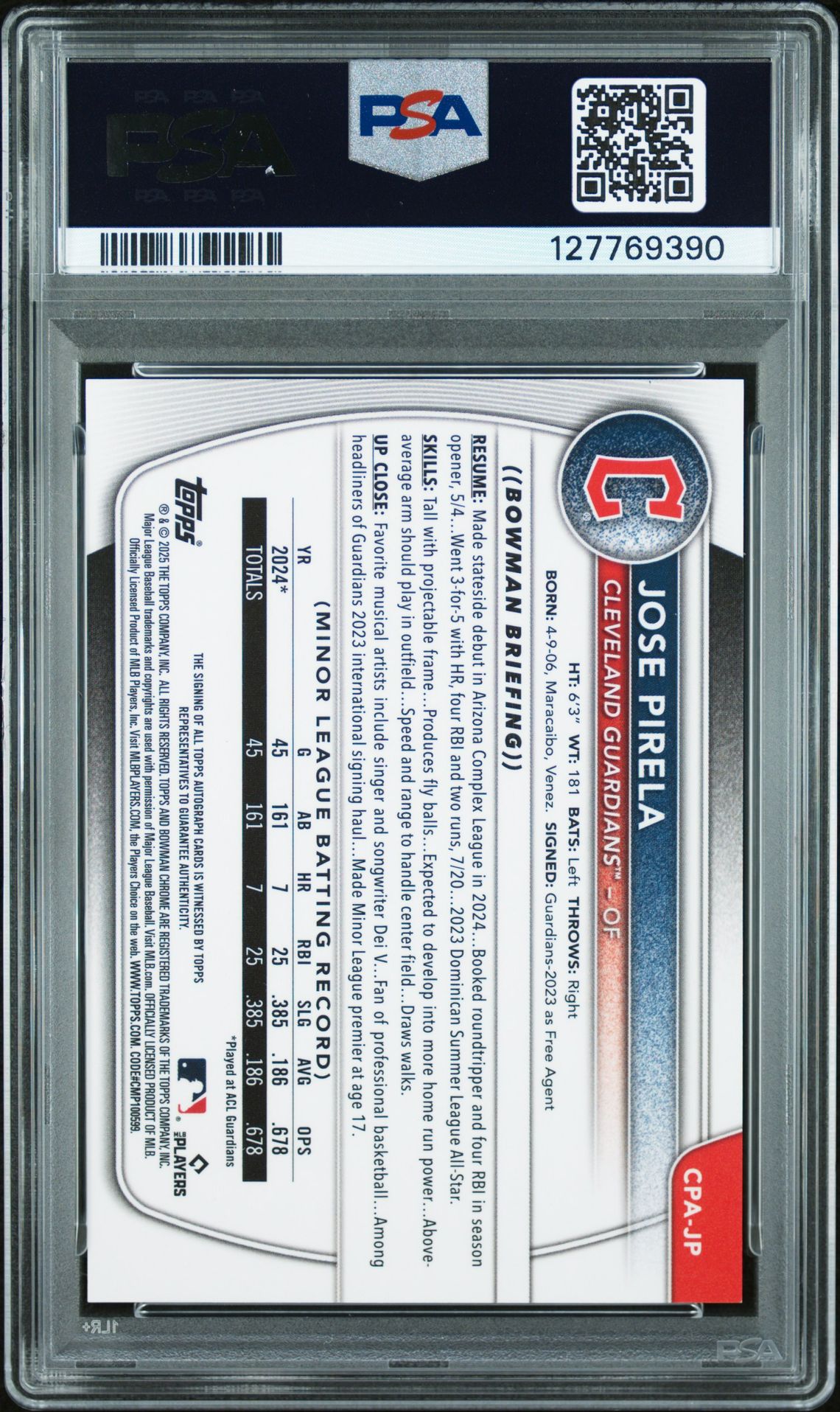 2025 Bowman Chrome Prospect Autographs Jose Pirela #Cpajp Mint 9 back