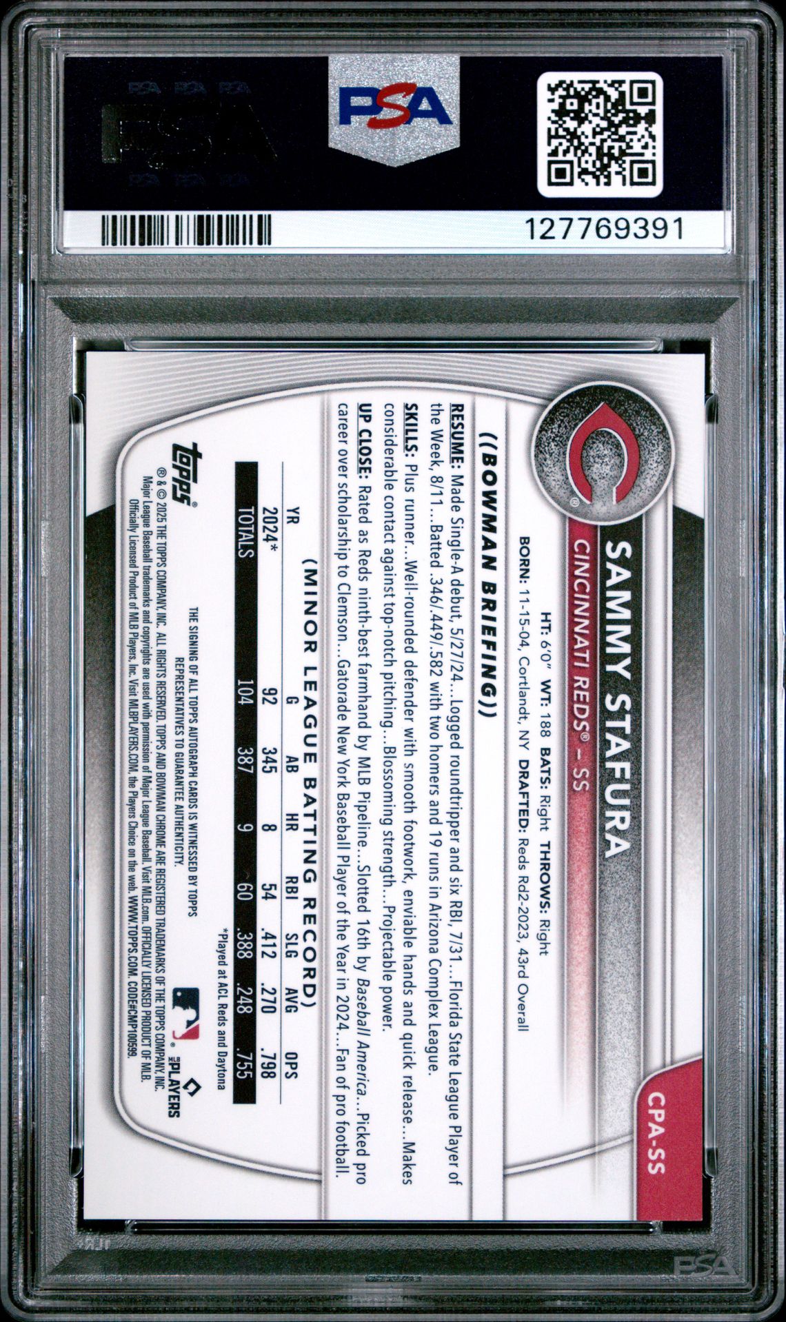 2025 Bowman Chrome Prospect Autographs Sammy Stafura #Cpass Gem Mt 10 back