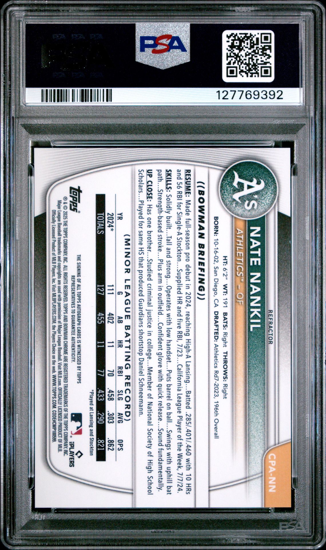 2025 Bowman Chrome Prospect Autographs Nate Nankil #Cpann (Chrome Prospect Auto-Ref) Gem Mt 10 back view - PSA certificate #127769392