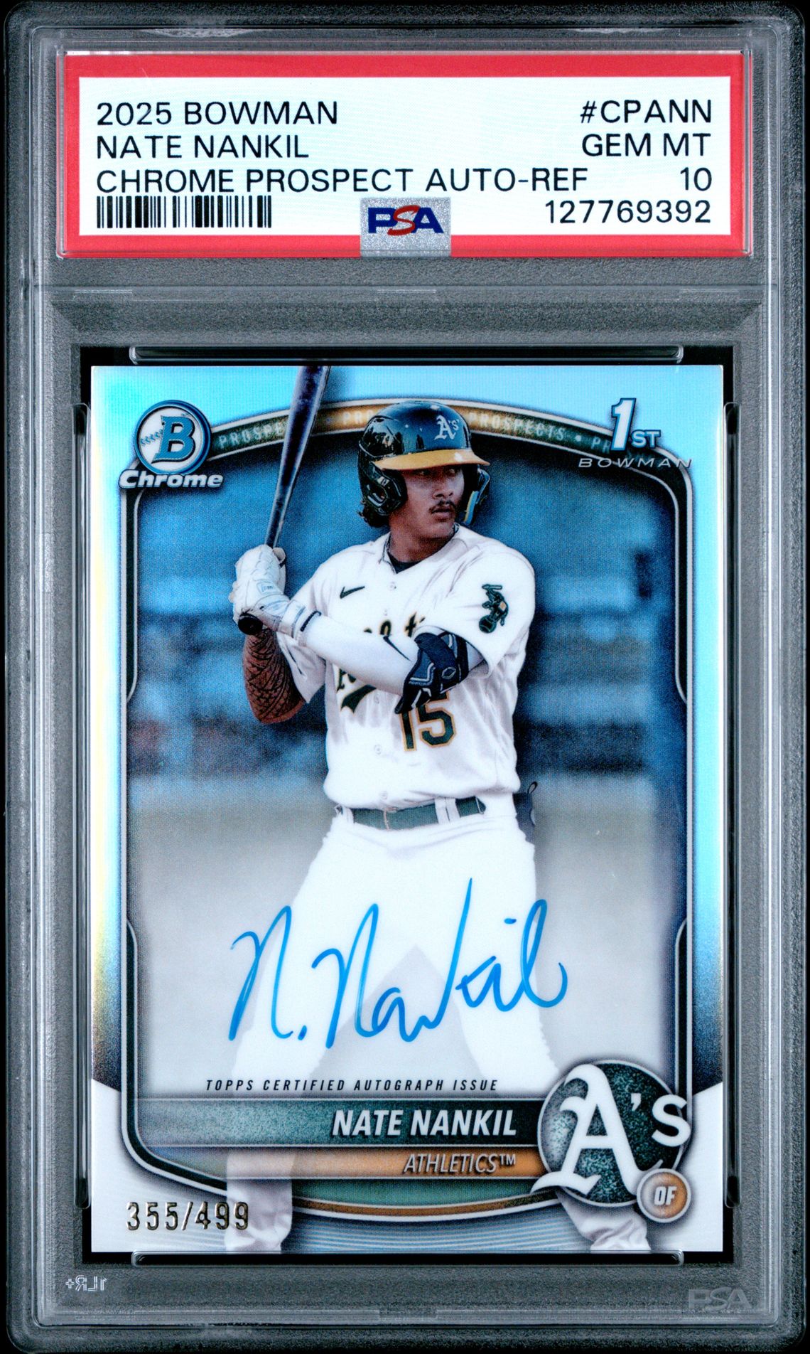 2025 Bowman Chrome Prospect Autographs Nate Nankil #Cpann (Chrome Prospect Auto-Ref) Gem Mt 10 front view - PSA graded GEM MT 10