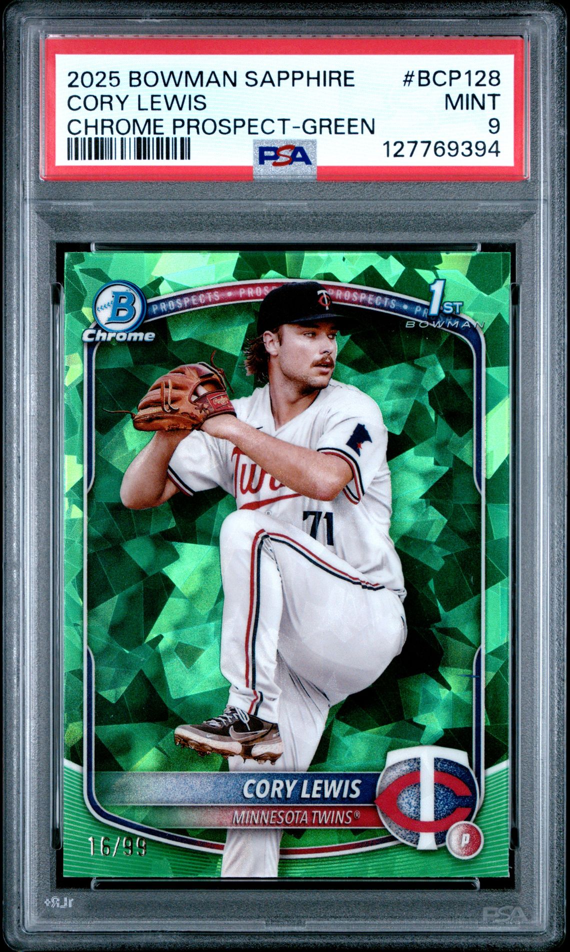 2025 Bowman Sapphire Edition Chrome Prospects Cory Lewis #Bcp128 (Chrome Prospect-Green) Mint 9 front