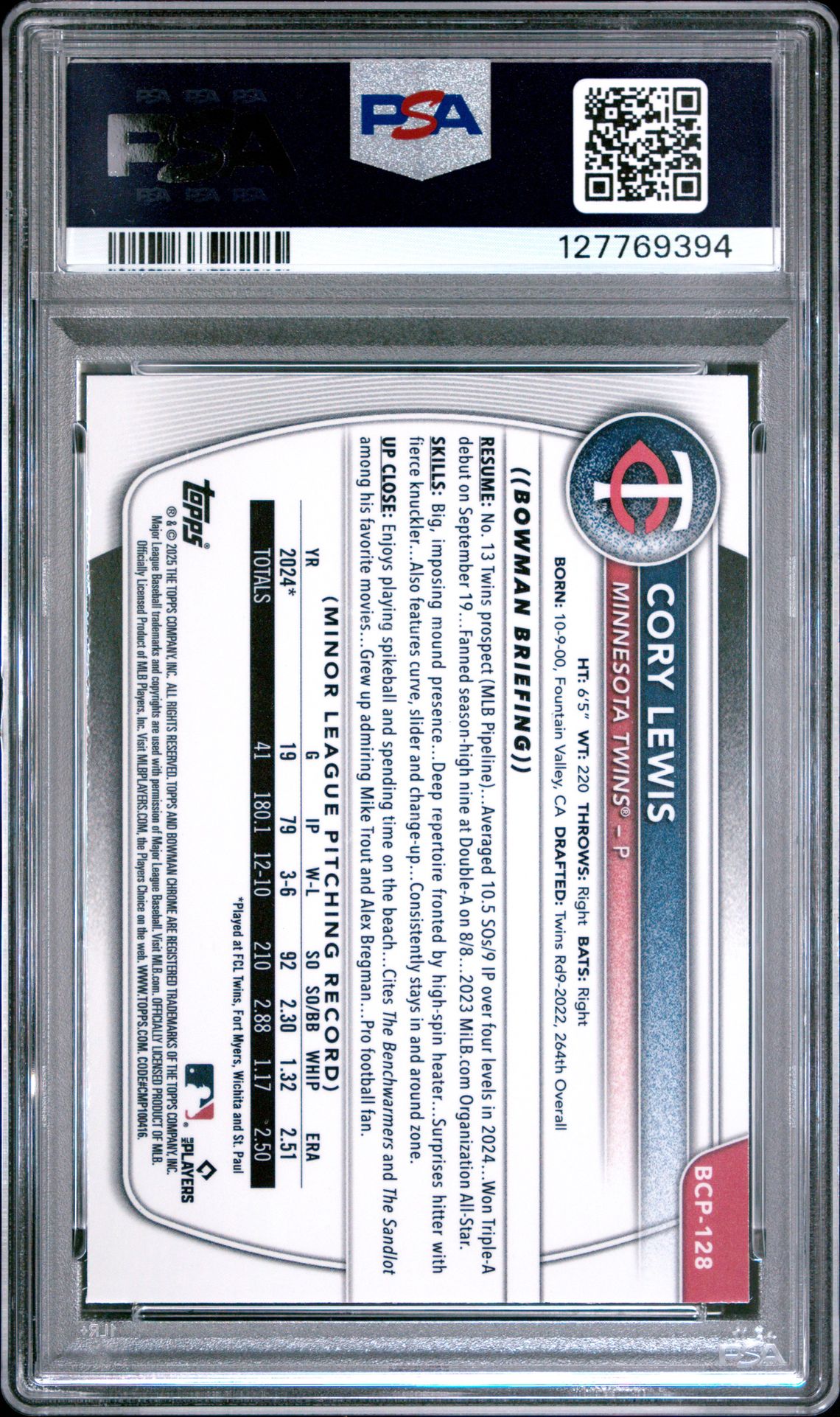 2025 Bowman Sapphire Edition Chrome Prospects Cory Lewis #Bcp128 (Chrome Prospect-Green) Mint 9 back