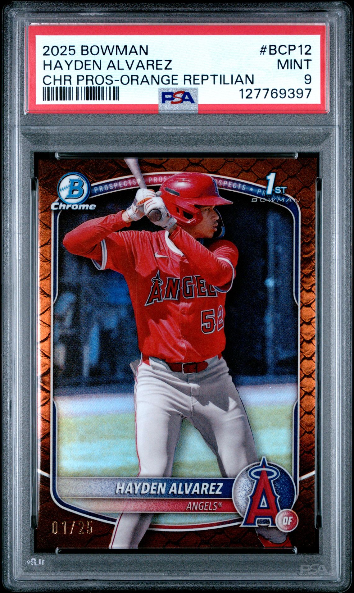2025 Bowman Chrome Prospects Hayden Alvarez #Bcp12 (Chr Pros-Orange Reptilian) Mint 9 front