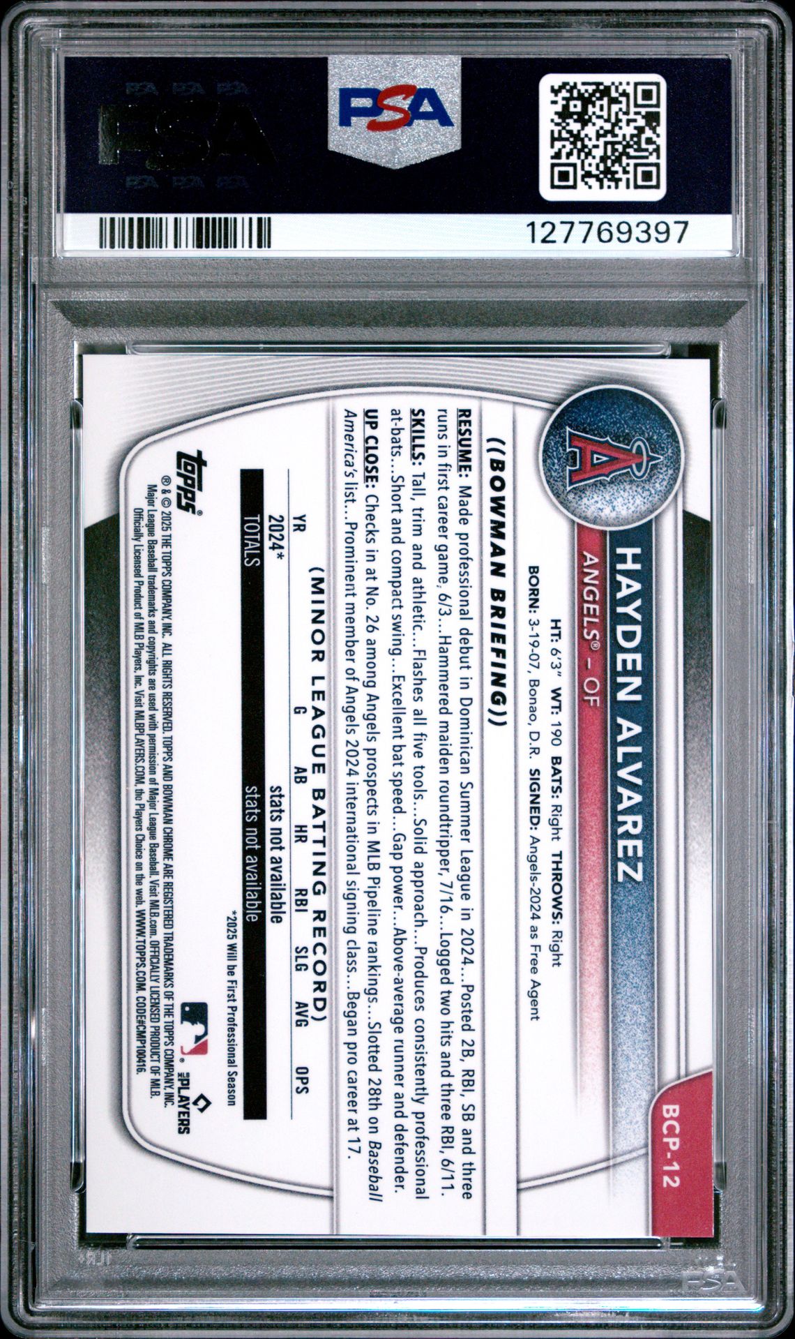2025 Bowman Chrome Prospects Hayden Alvarez #Bcp12 (Chr Pros-Orange Reptilian) Mint 9 back