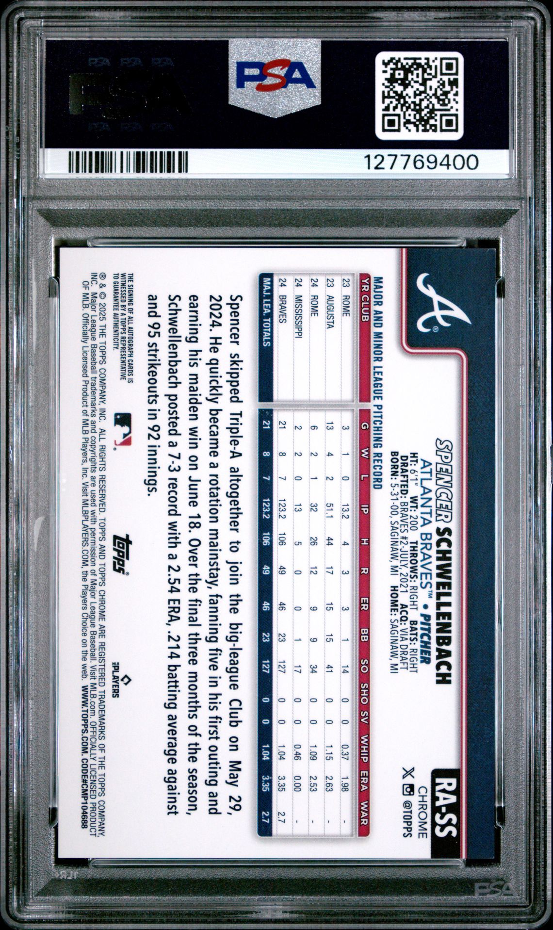 2025 Topps Chrome Rookie Autographs Spencer Schwellenbach #Rass Gem Mt 10 back