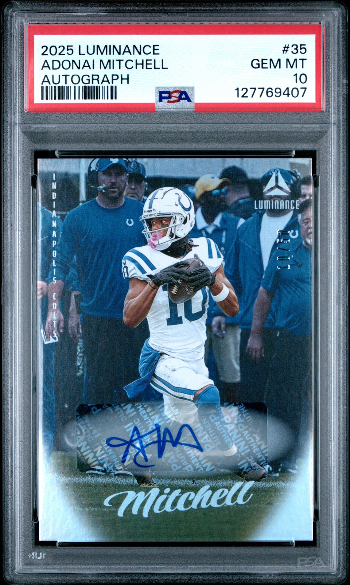 2025 Panini Luminance Adonai Mitchell #35 (Autograph) Gem Mt 10 front view - PSA graded GEM MT 10