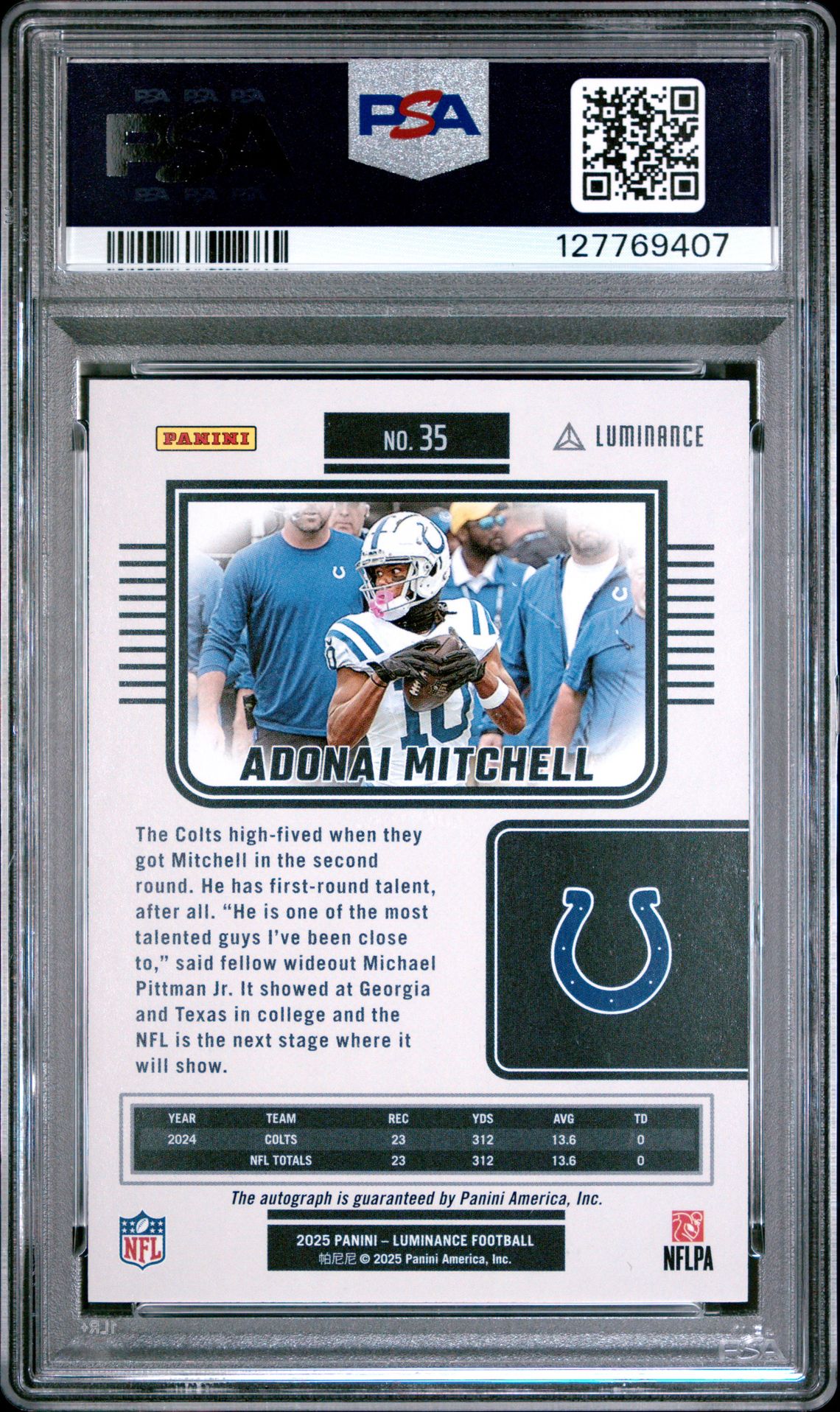 2025 Panini Luminance Adonai Mitchell #35 (Autograph) Gem Mt 10 back view - PSA certificate #127769407