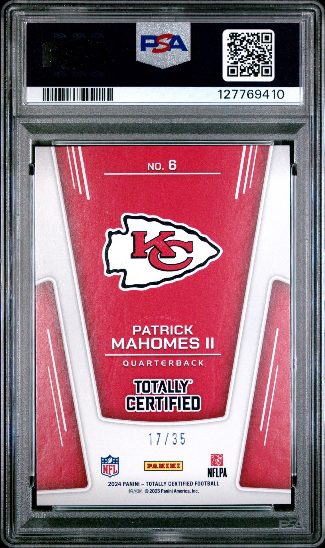 2024 Panini Totally Certified The Mighty Patrick Mahomes Ii #6 (The Mighty-Mirror Plt Camo) Gem Mt 10 back