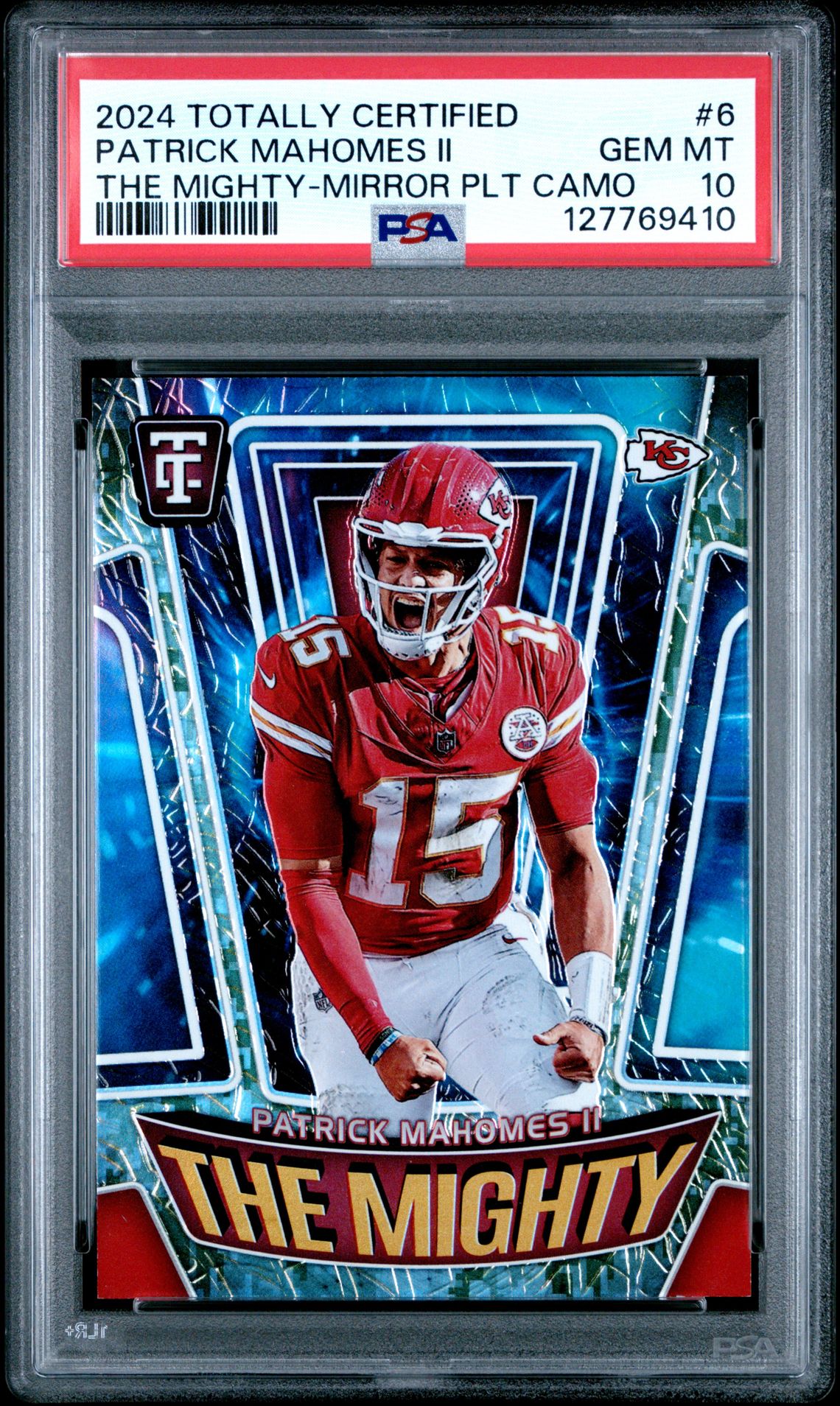 2024 Panini Totally Certified The Mighty Patrick Mahomes Ii #6 (The Mighty-Mirror Plt Camo) Gem Mt 10 front