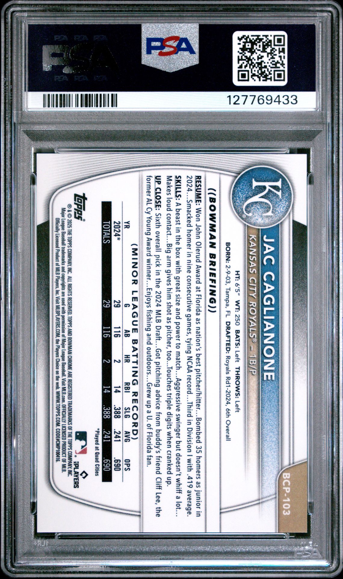 2025 Bowman Chrome Prospects Jac Caglianone #Bcp103 (Chr Pros-Orange Reptilian) Gem Mt 10 back