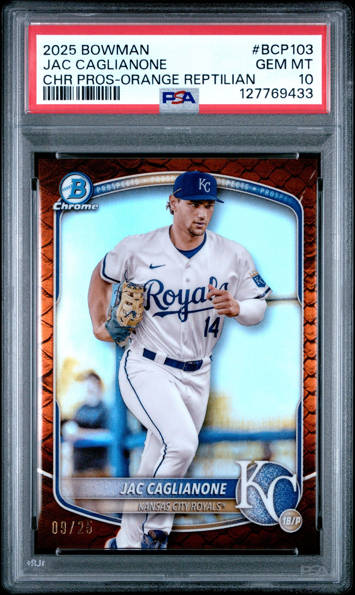 2025 Bowman Chrome Prospects Jac Caglianone #Bcp103 (Chr Pros-Orange Reptilian) Gem Mt 10 front