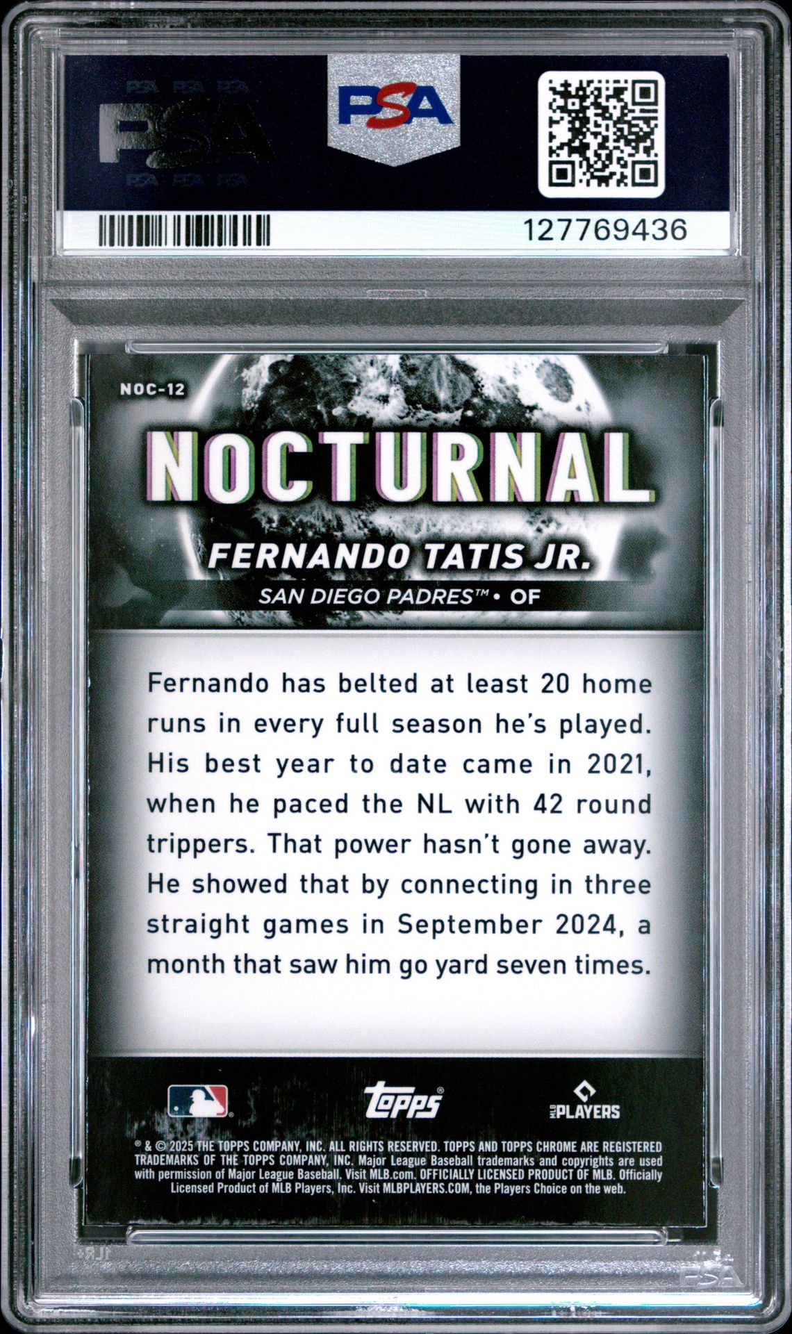 2025 Topps Chrome Black Nocturnal Fernando Tatis Jr. #Noc12 Gem Mt 10 back