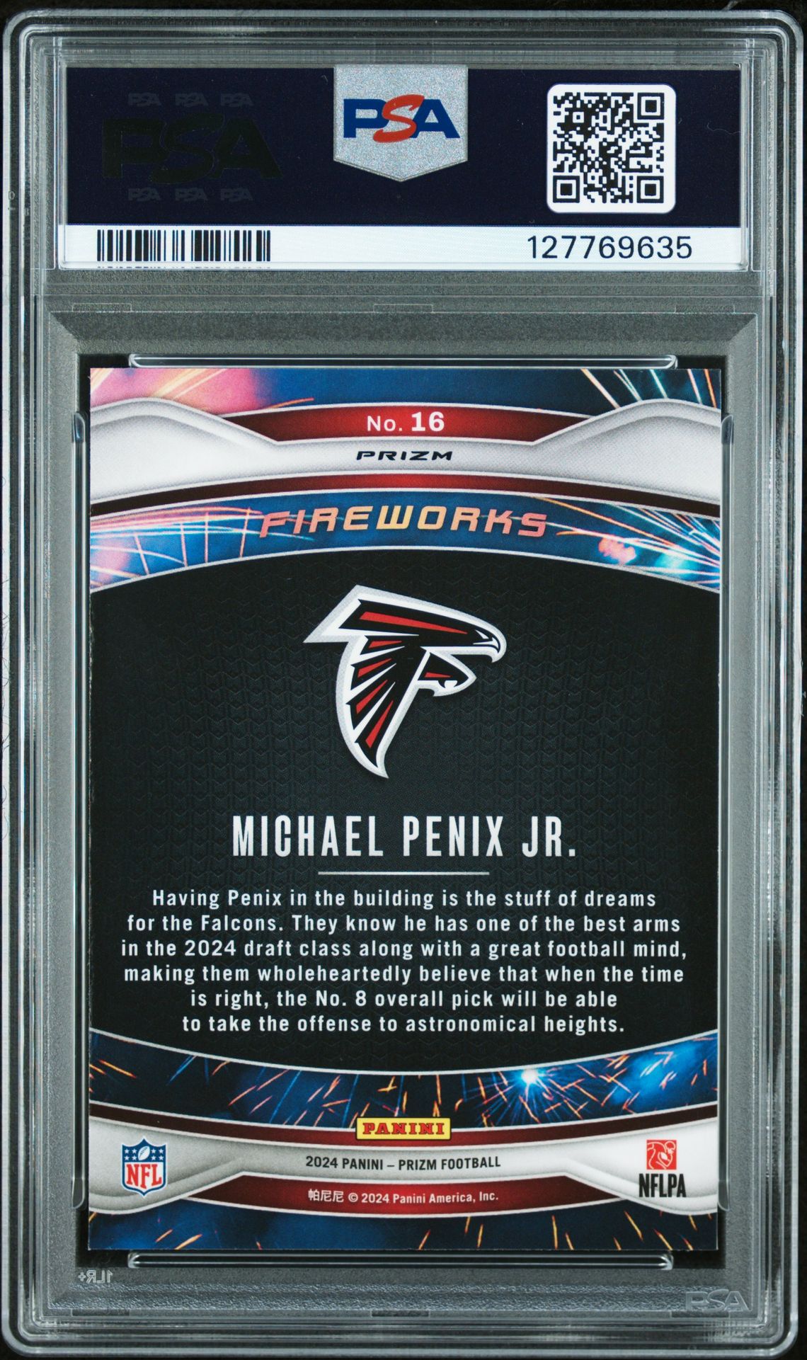 2024 Panini Prizm Fireworks Michael Penix Jr. #16 (Fireworks-Green Prizm) Gem Mt 10 back