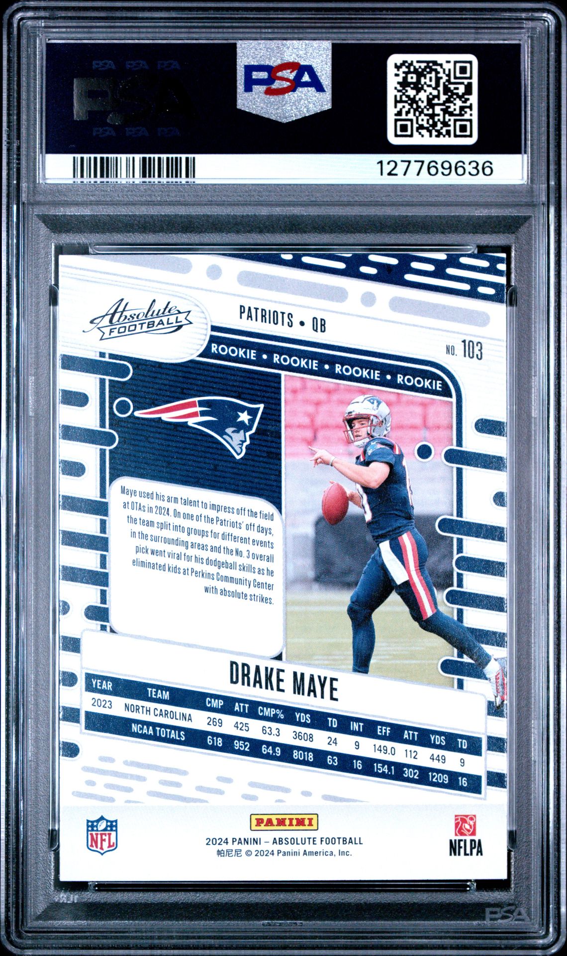 2024 Panini Absolute Drake Maye #103 (Red And Blue) Gem Mt 10 back