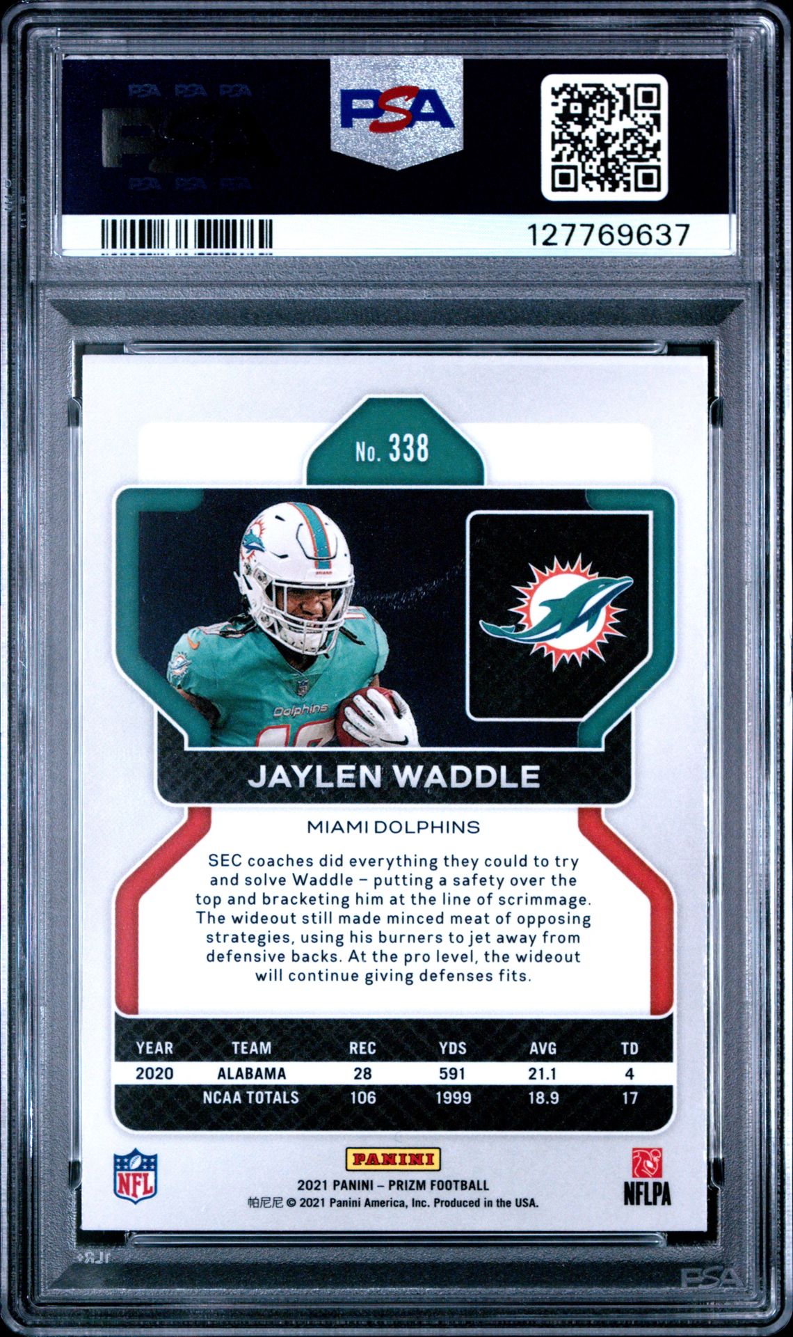 2021 Panini Prizm Jaylen Waddle #338 Mint 9 back