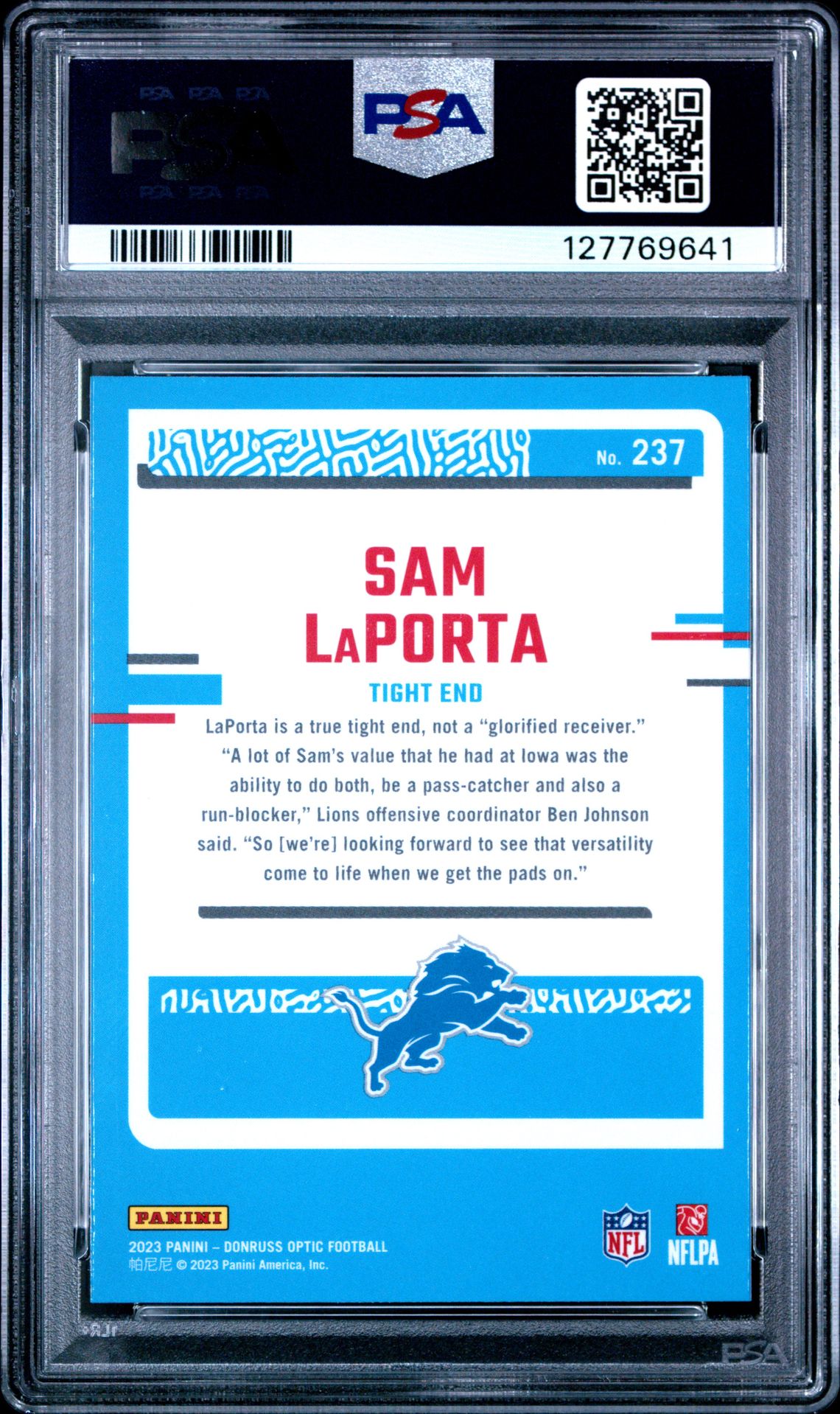 2023 Panini Donruss Optic Sam Laporta #237 Gem Mt 10 back