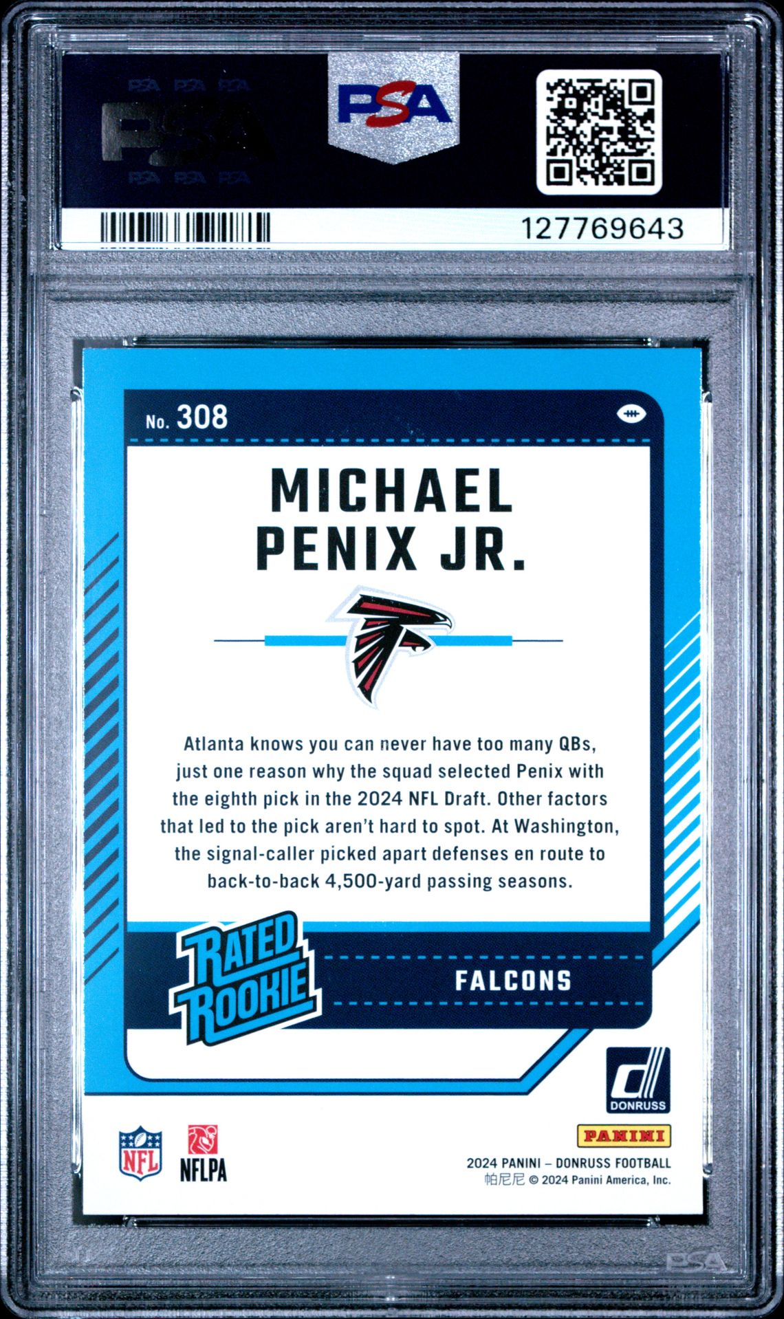 2024 Panini Donruss Michael Penix Jr. #308 (Press Proof Green) Mint 9 back