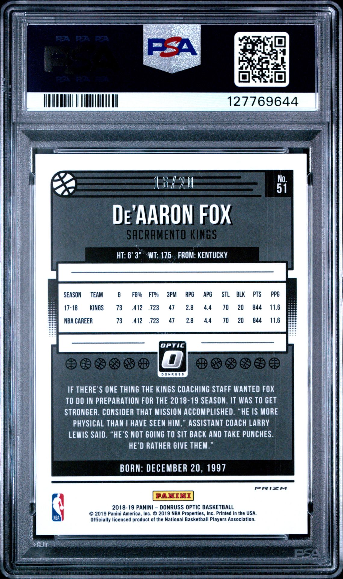 2018 Panini Donruss Optic De'aaron Fox #51 (Fast Break-Pink) Nm-Mt 8 back