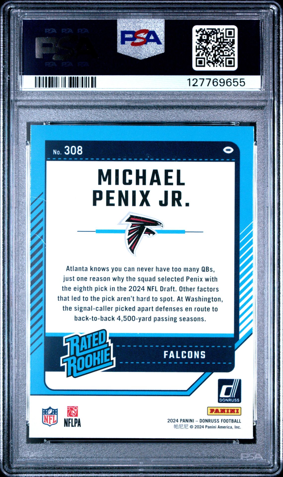 2024 Panini Donruss Michael Penix Jr. #308 Gem Mt 10 back