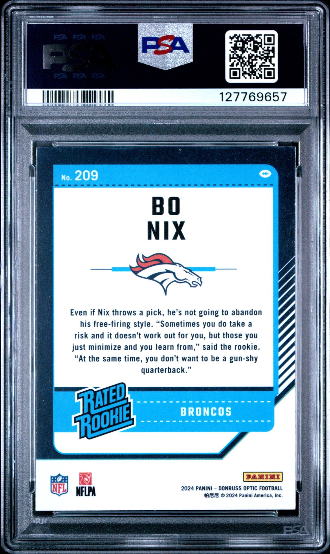 2024 Panini Donruss Optic Bo Nix #209 Gem Mt 10 back
