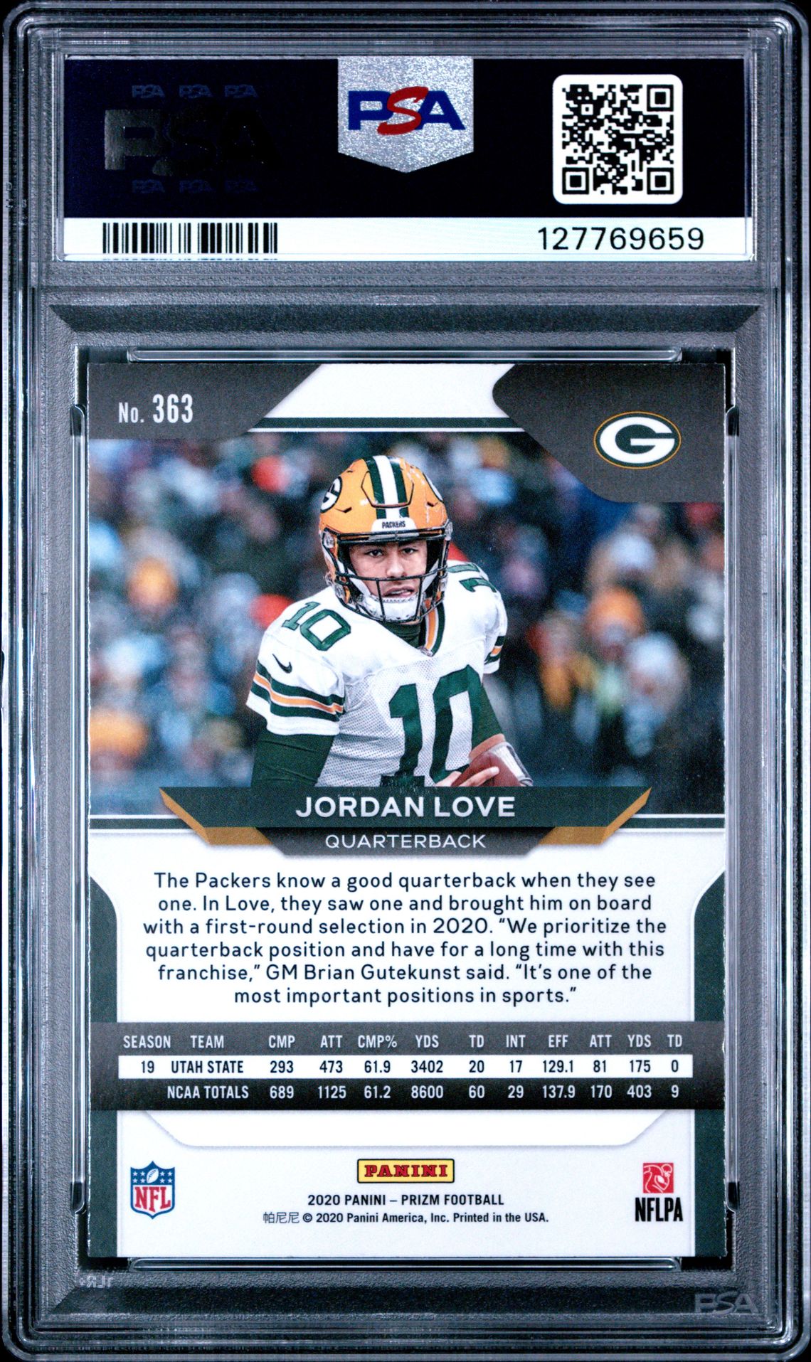 2020 Panini Prizm Jordan Love #363 Gem Mt 10 back