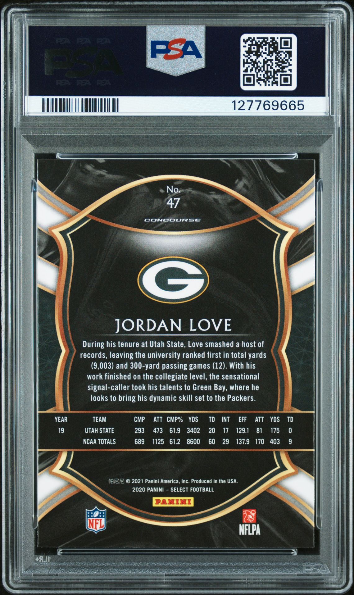 2020 Panini Select Jordan Love #47 Gem Mt 10 back