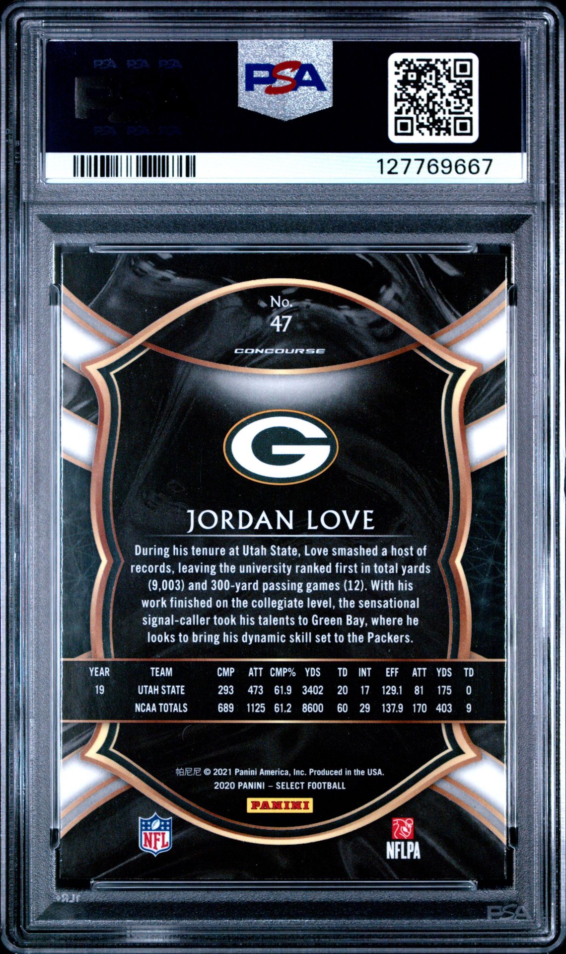 2020 Panini Select Jordan Love #47 Gem Mt 10 back