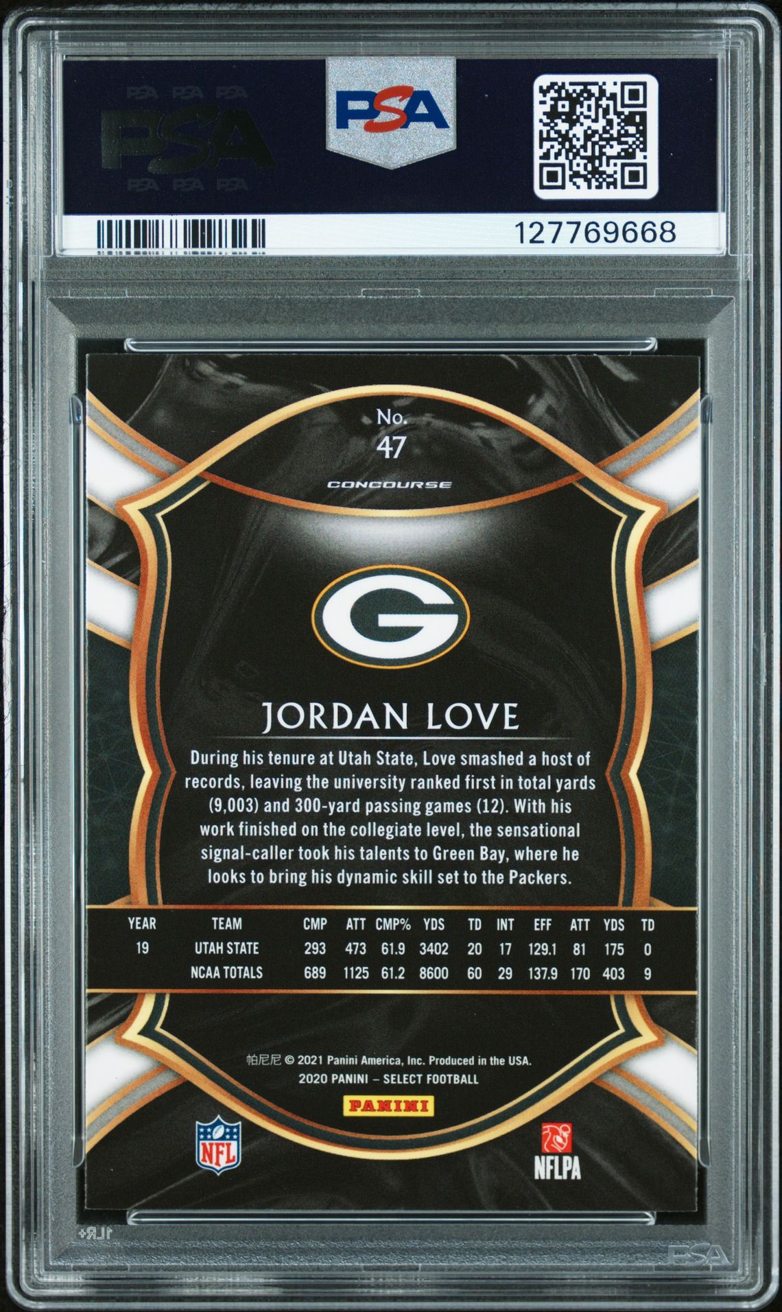 2020 Panini Select Jordan Love #47 Gem Mt 10 back