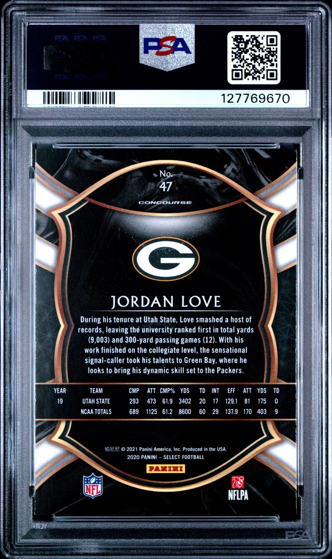 2020 Panini Select Jordan Love #47 Gem Mt 10 back