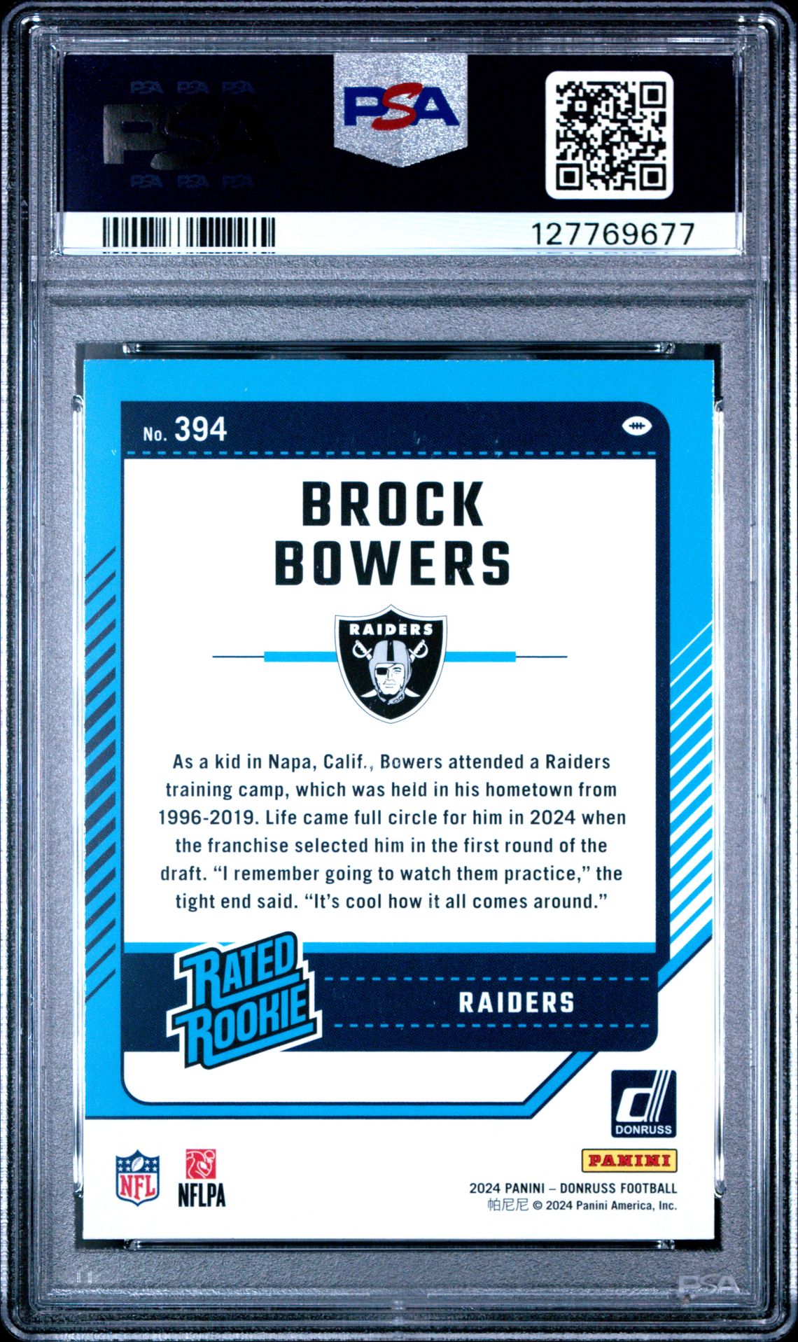 2024 Panini Donruss Brock Bowers #394 Gem Mt 10 back