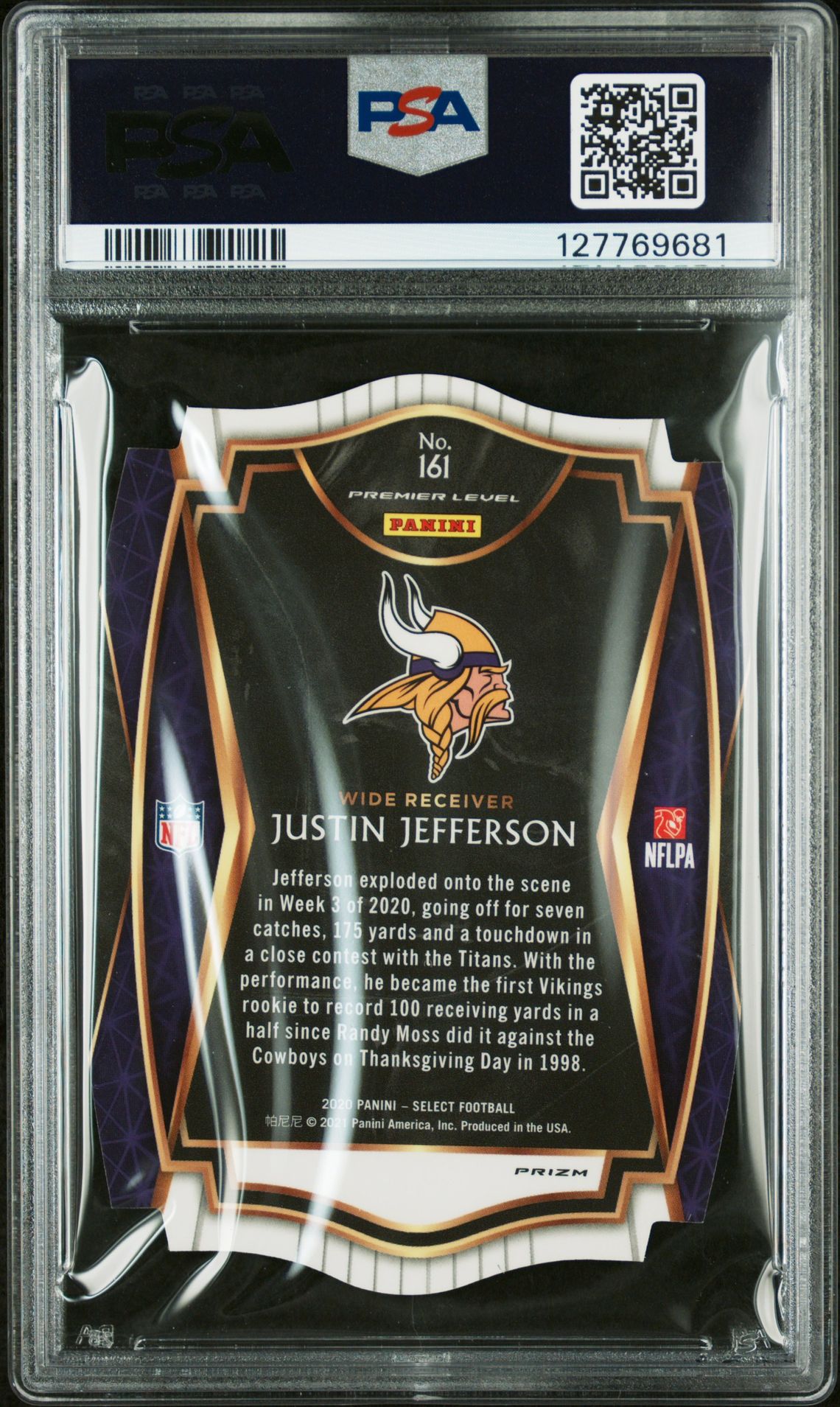 2020 Panini Select Justin Jefferson #161 (Die-Cut Purple Prizm) Mint 9 back