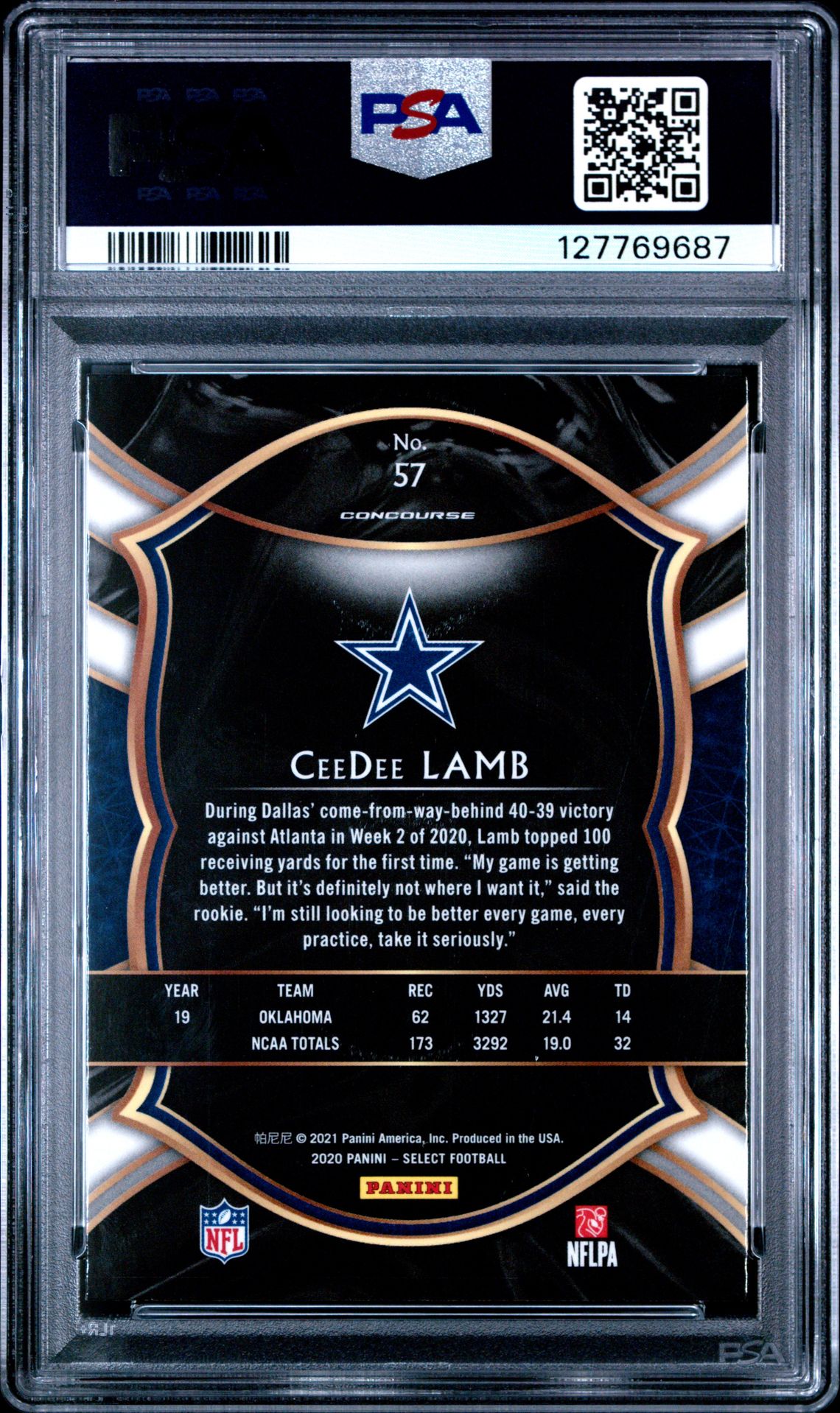 2020 Panini Select Ceedee Lamb #57 Gem Mt 10 back
