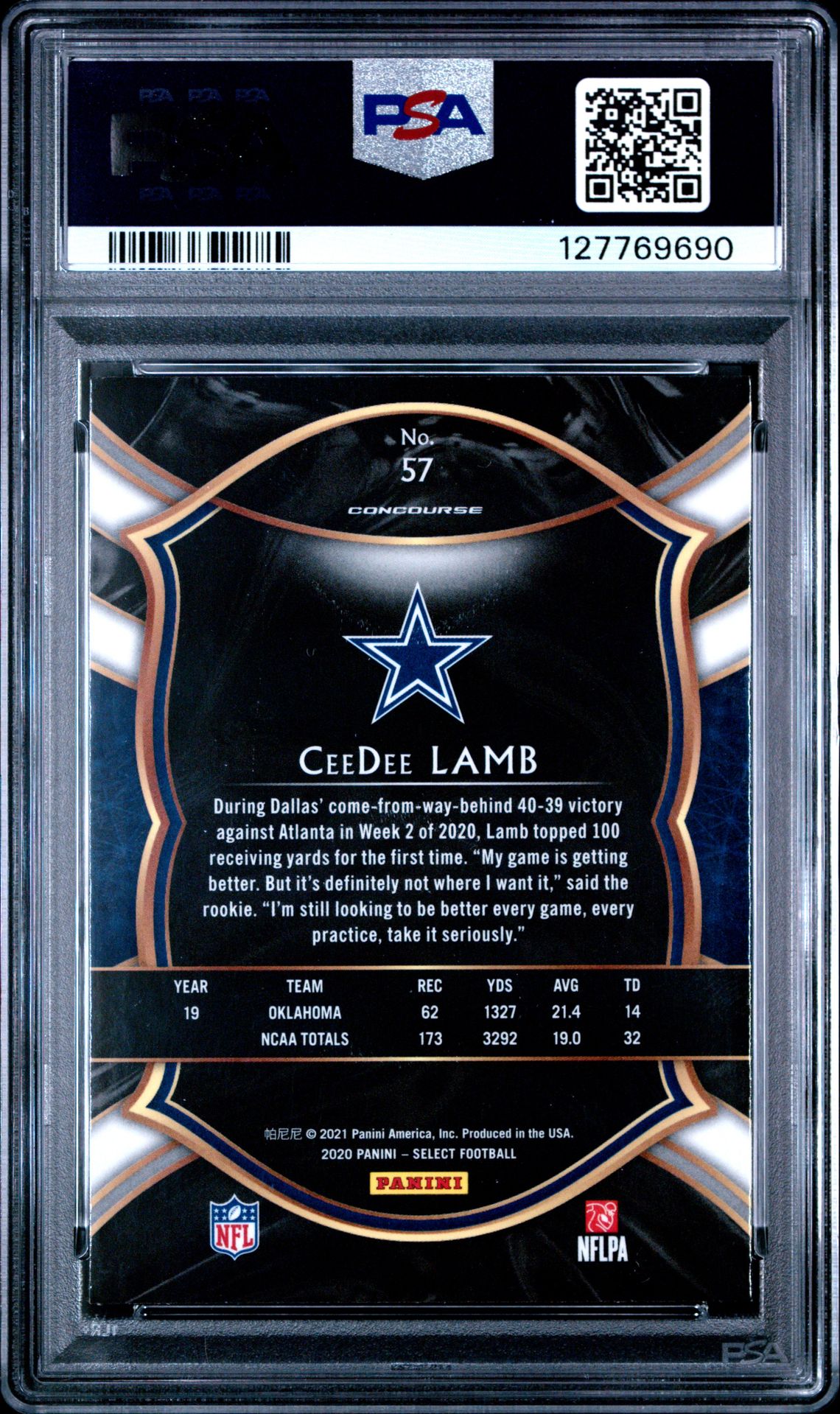 2020 Panini Select Ceedee Lamb #57 Gem Mt 10 back