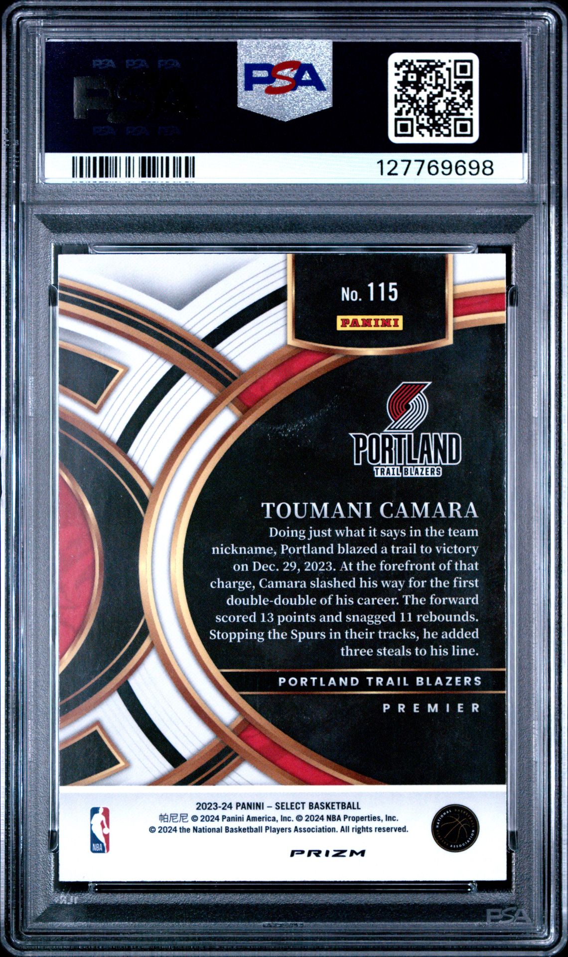 2023 Panini Select Toumani Camara #115 (Red Cracked Ice) Gem Mt 10 back
