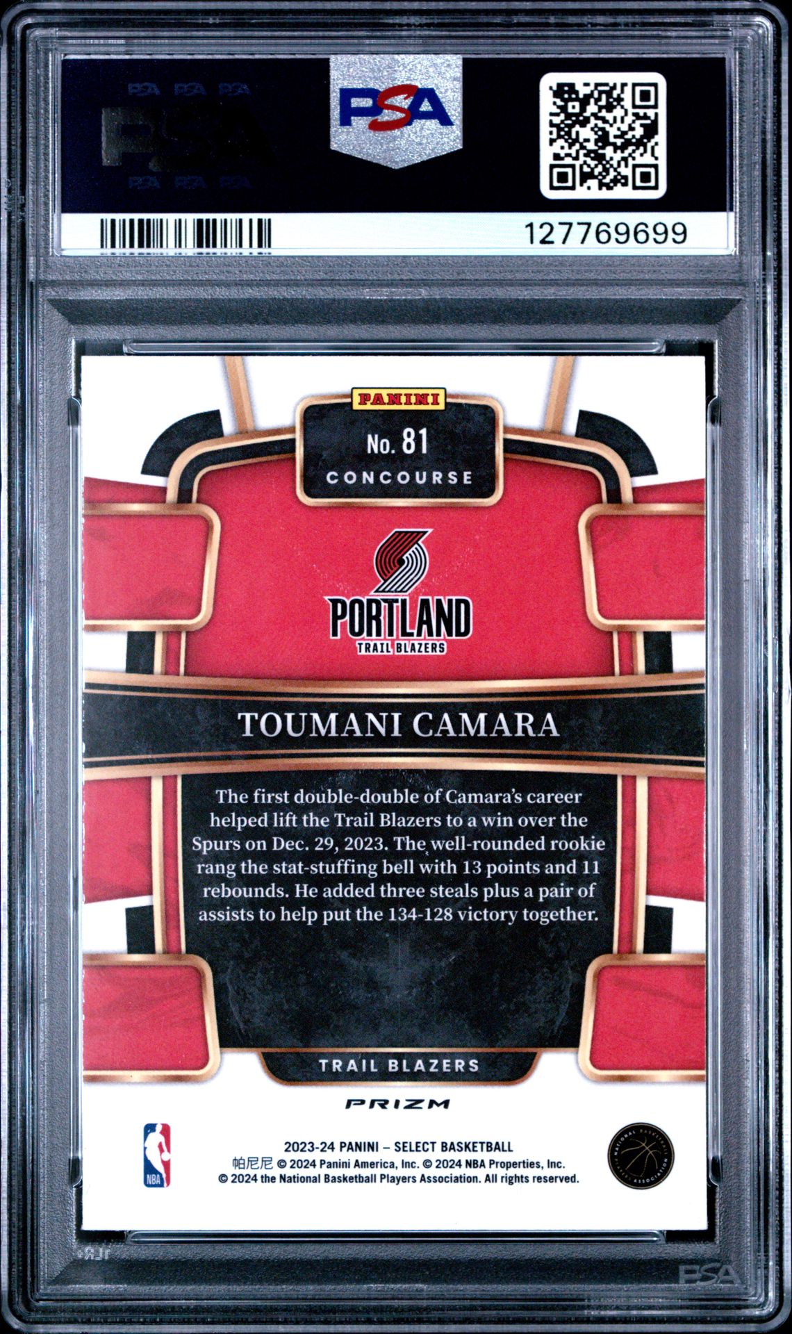 2023 Panini Select Toumani Camara #81 (Red Cracked Ice) Gem Mt 10 back