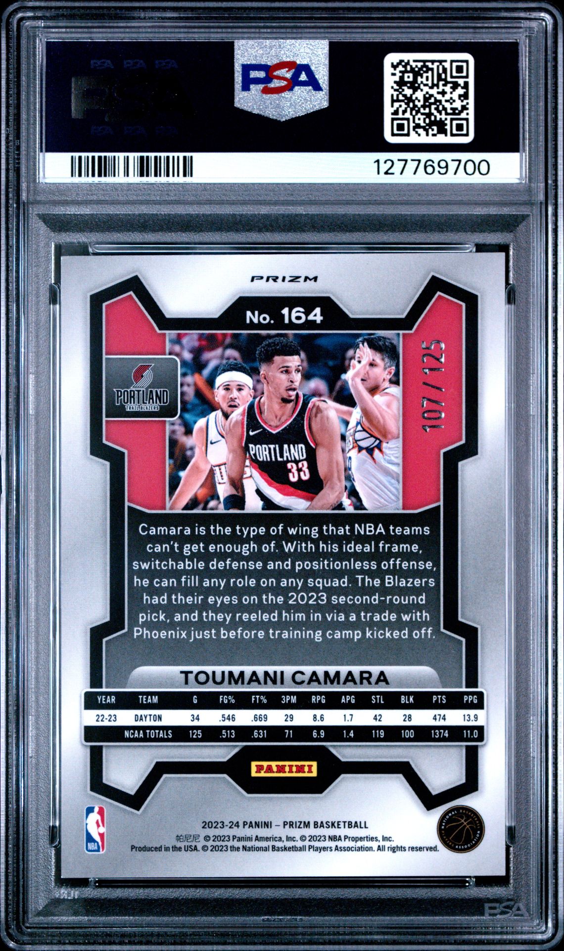 2023 Panini Prizm Toumani Camara #164 (Blue Ice) Mint 9 back